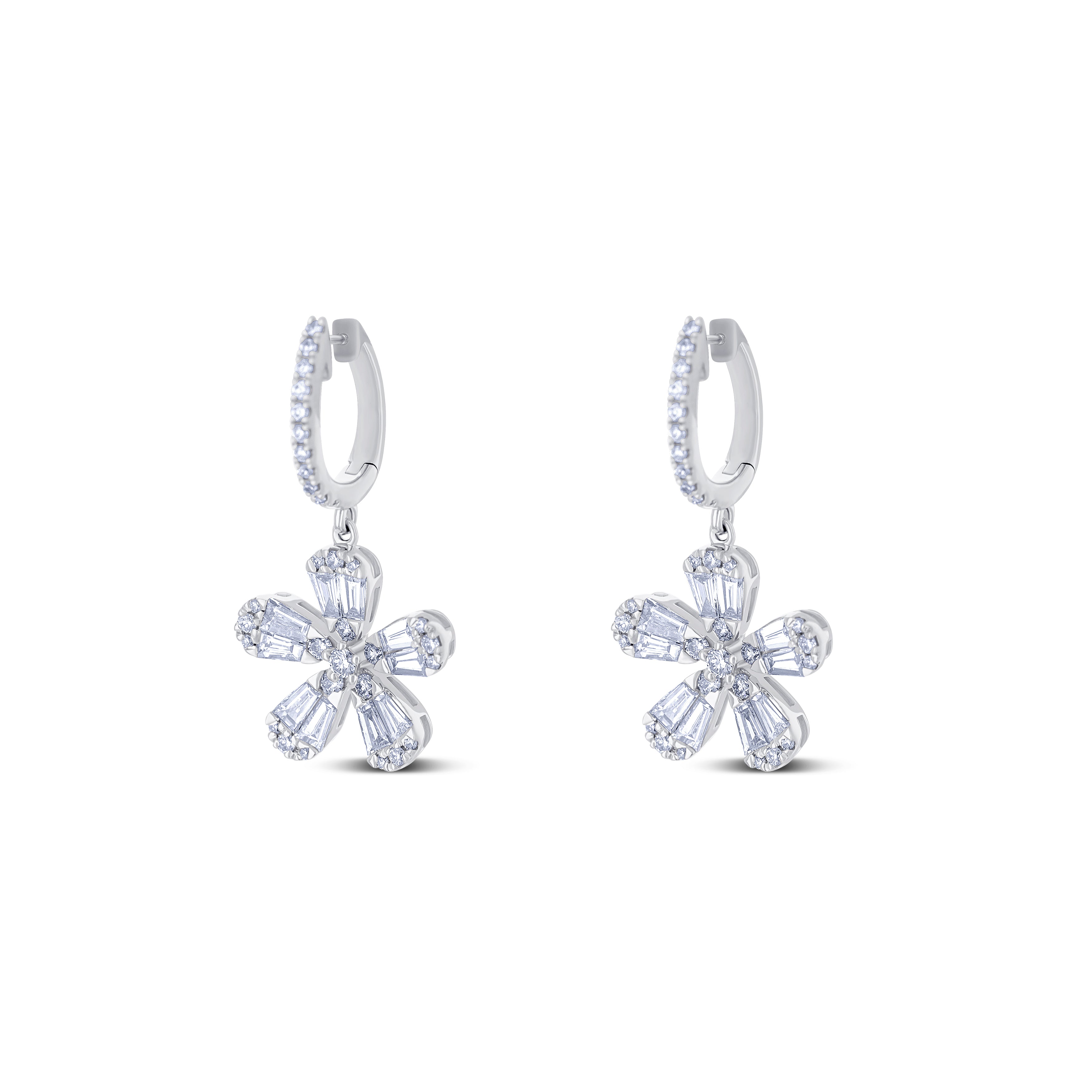 18K White Gold Baguette Cut and Round Cut Flower Deisgn Diamond Drop Earrings