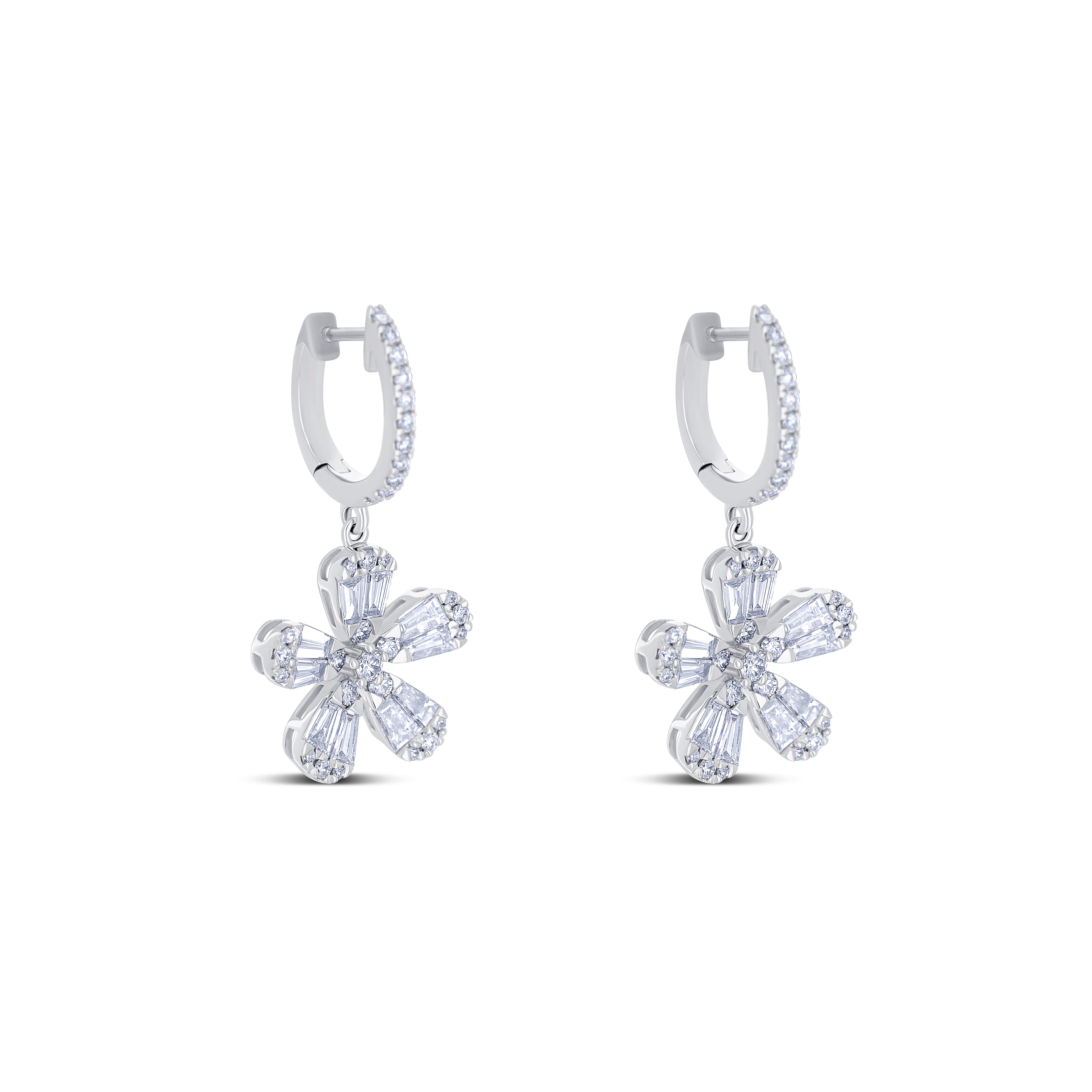 18K White Gold Baguette Cut and Round Cut Flower Deisgn Diamond Drop Earrings