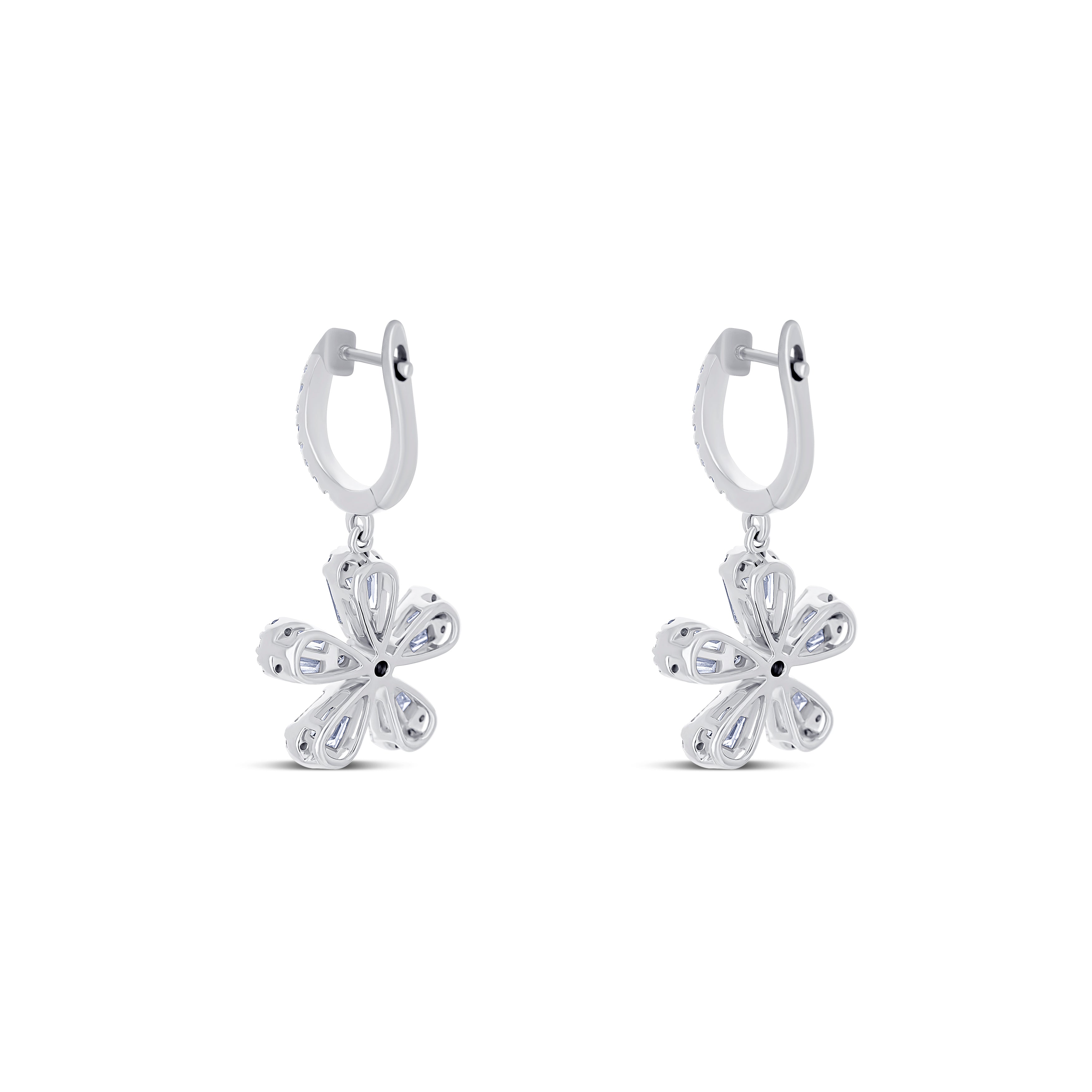 18K White Gold Baguette Cut and Round Cut Flower Deisgn Diamond Drop Earrings