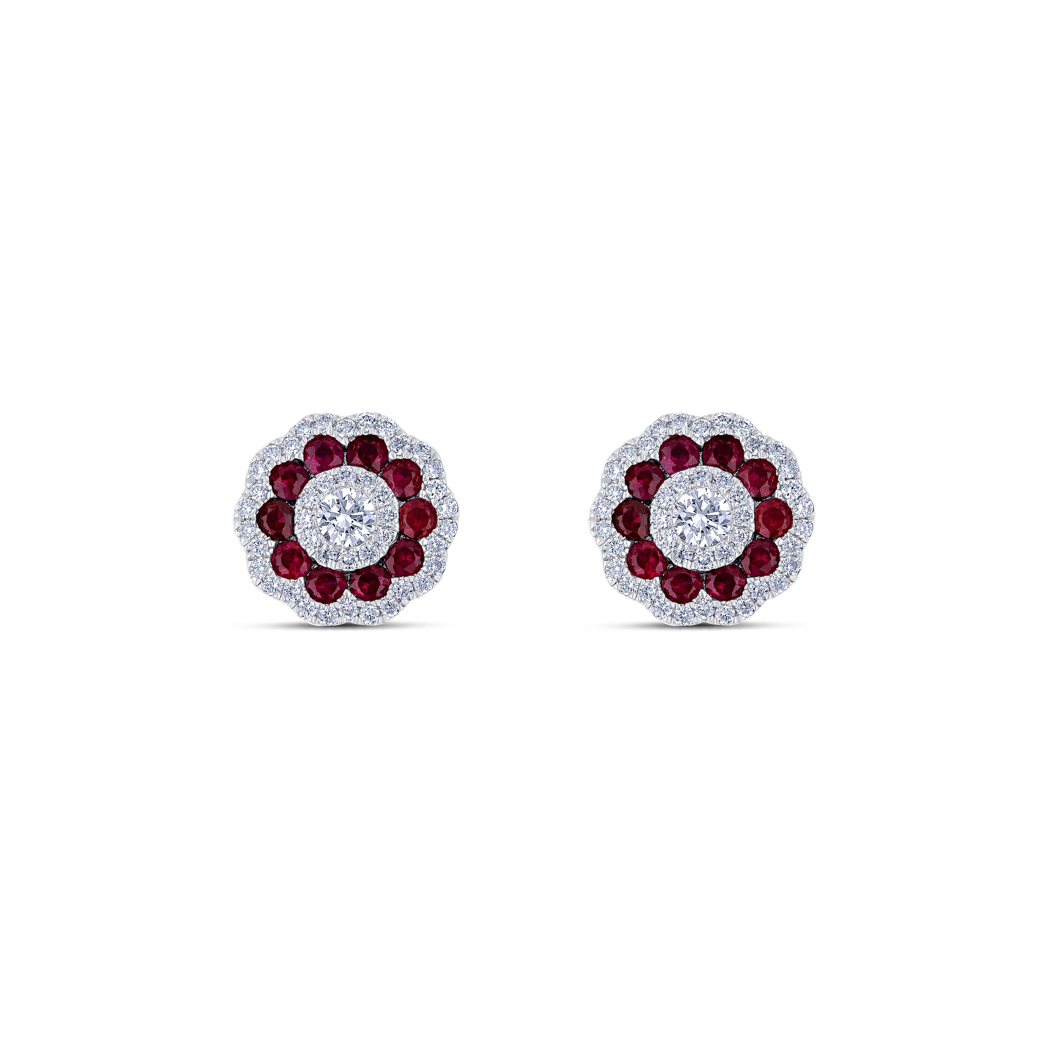 18K White Gold Round Cut Ruby and Round Cut Diamond Post Earrings