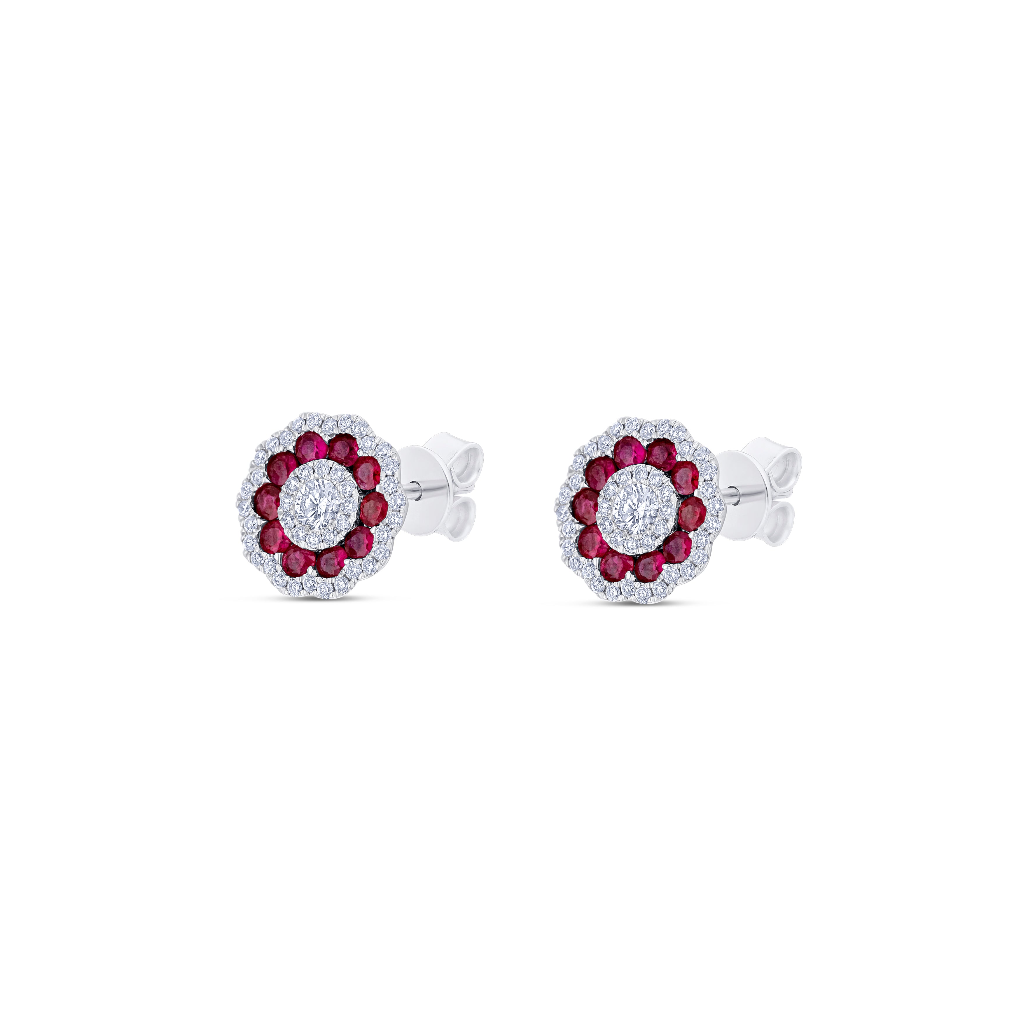 18K White Gold Round Cut Ruby and Round Cut Diamond Post Earrings