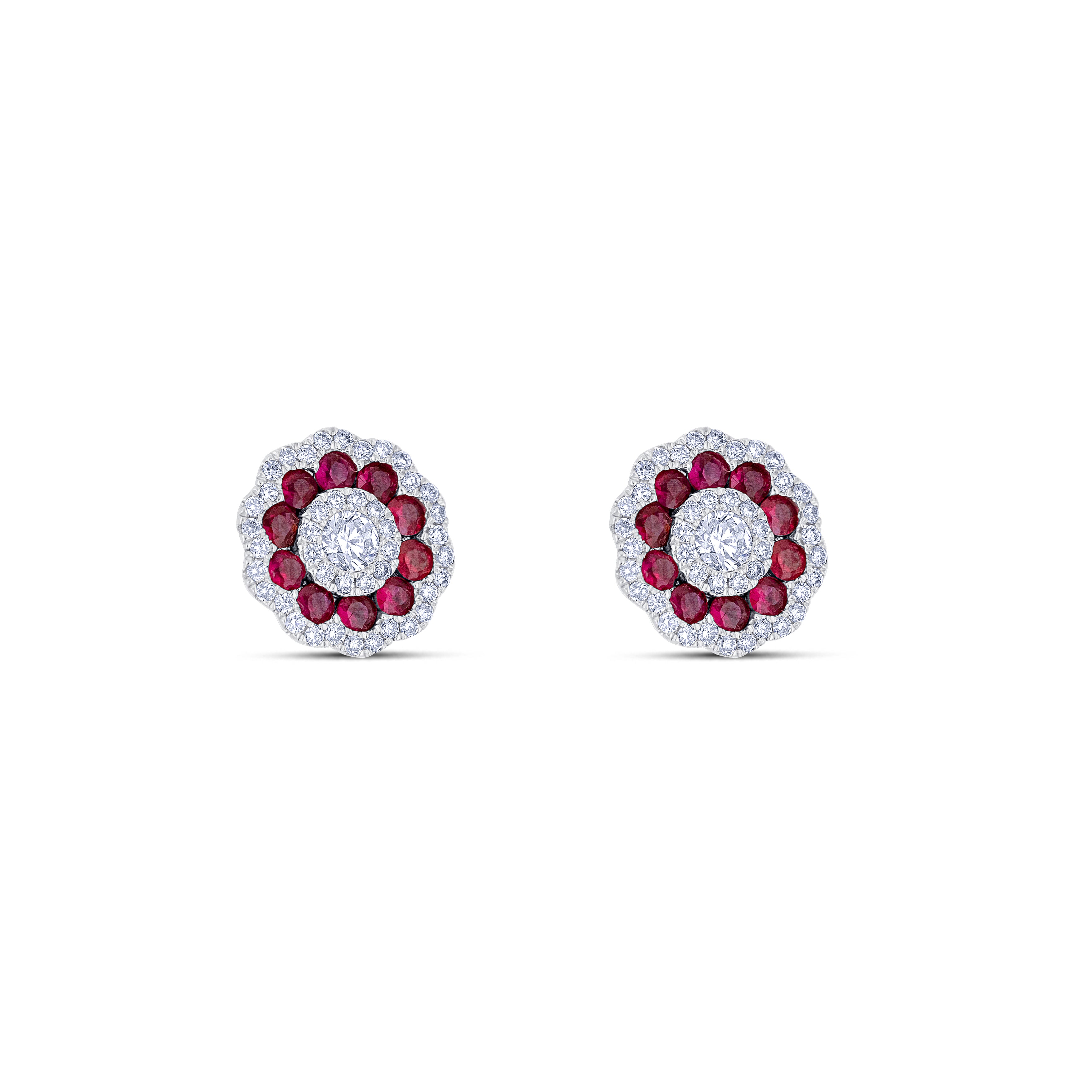 18K White Gold Round Cut Ruby and Round Cut Diamond Post Earrings