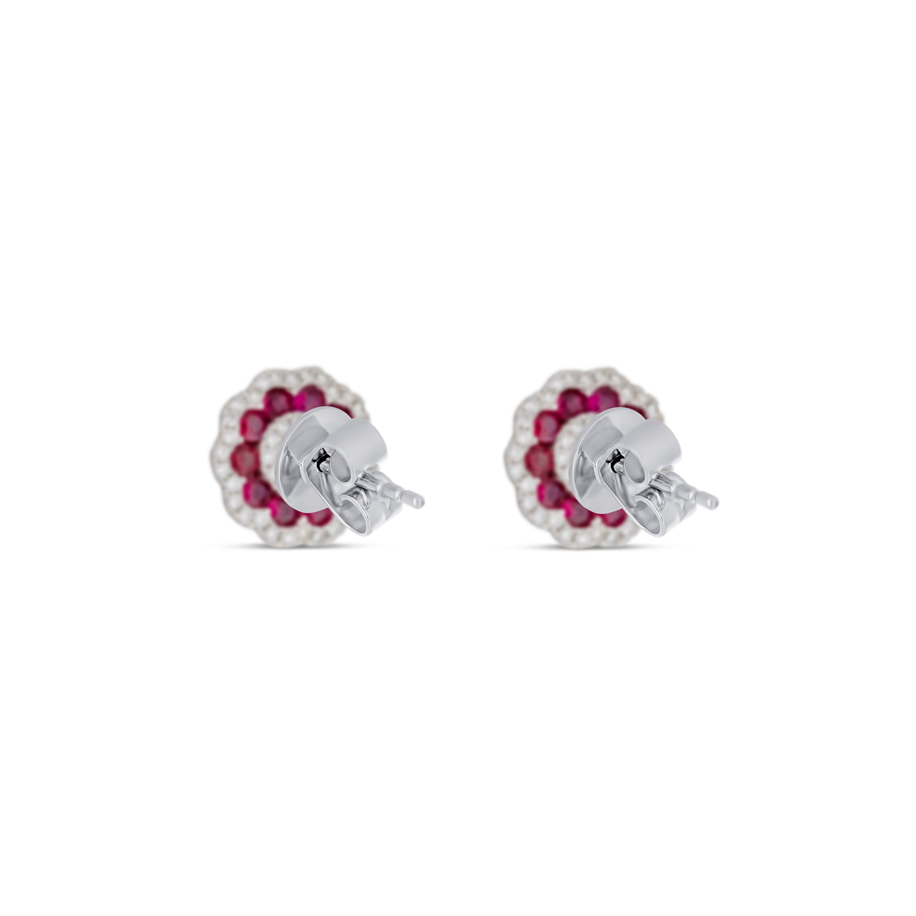 18K White Gold Round Cut Ruby and Round Cut Diamond Post Earrings