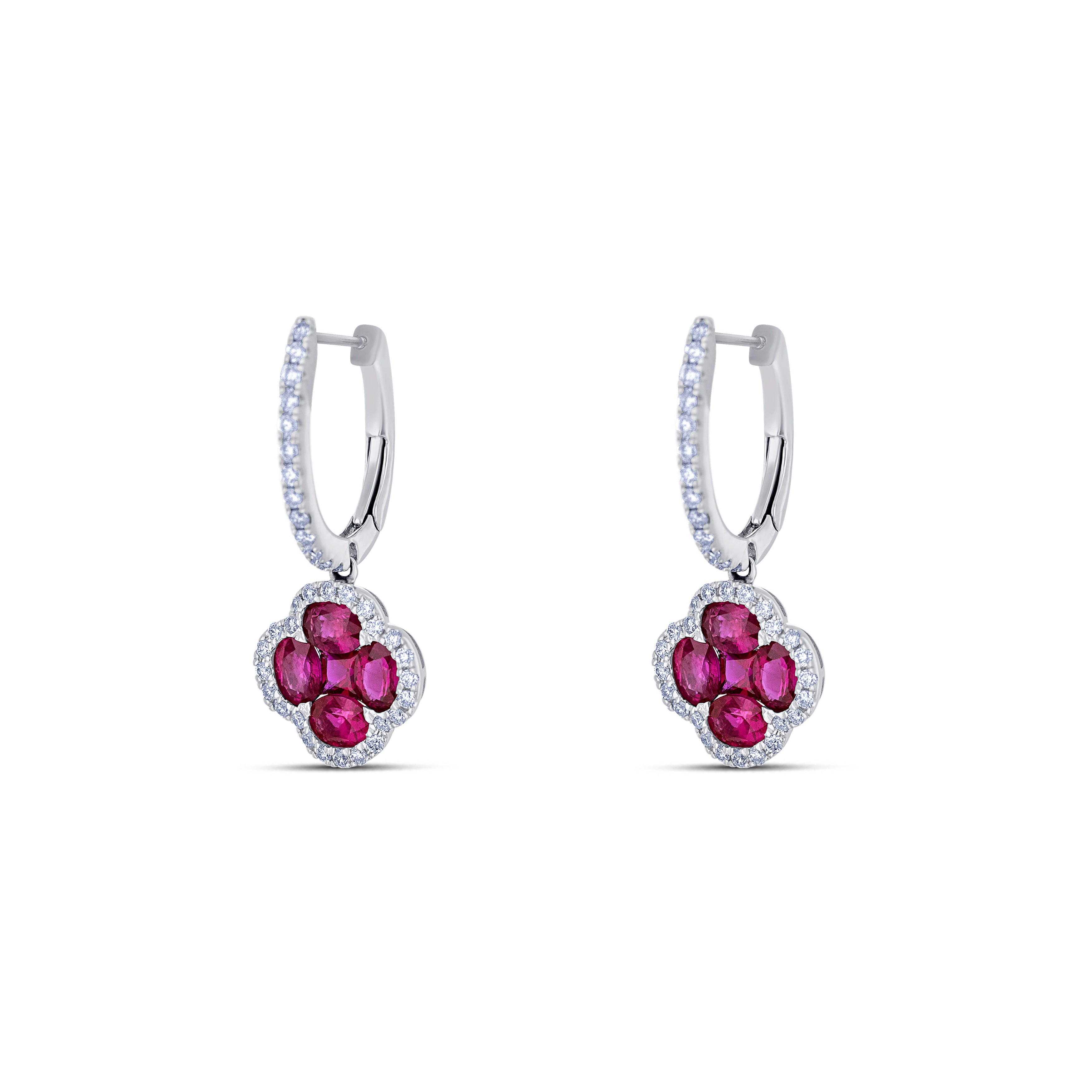 18K White Gold Round Cut Ruby and Round Cut Diamond Drop Earrings