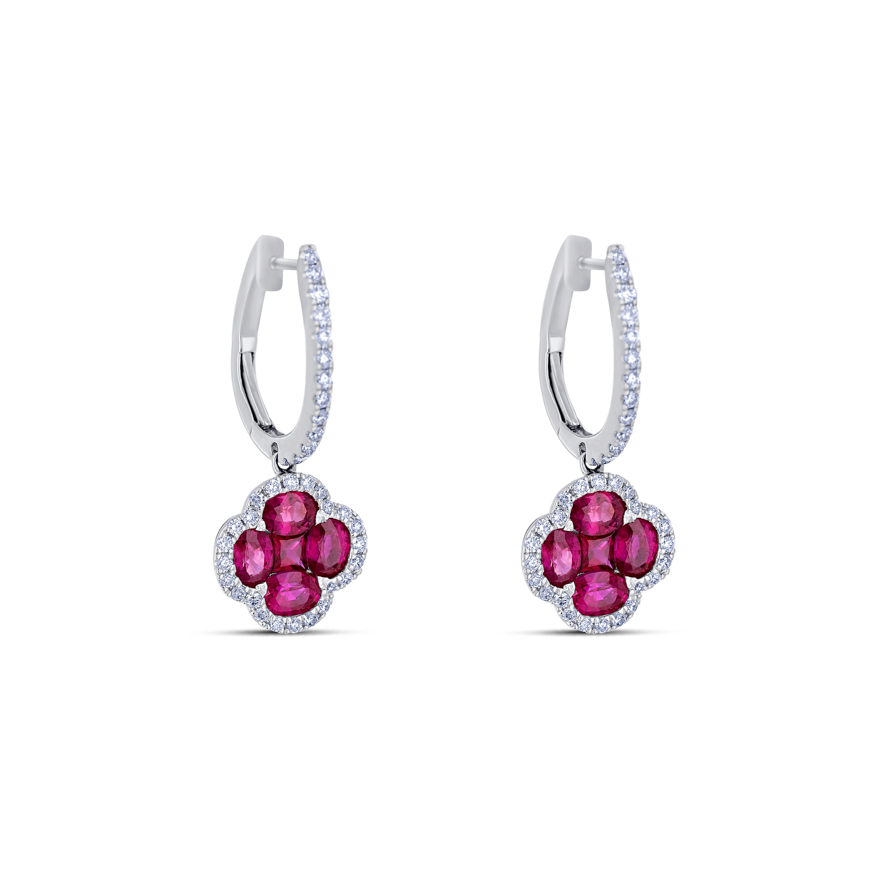 18K White Gold Round Cut Ruby and Round Cut Diamond Drop Earrings