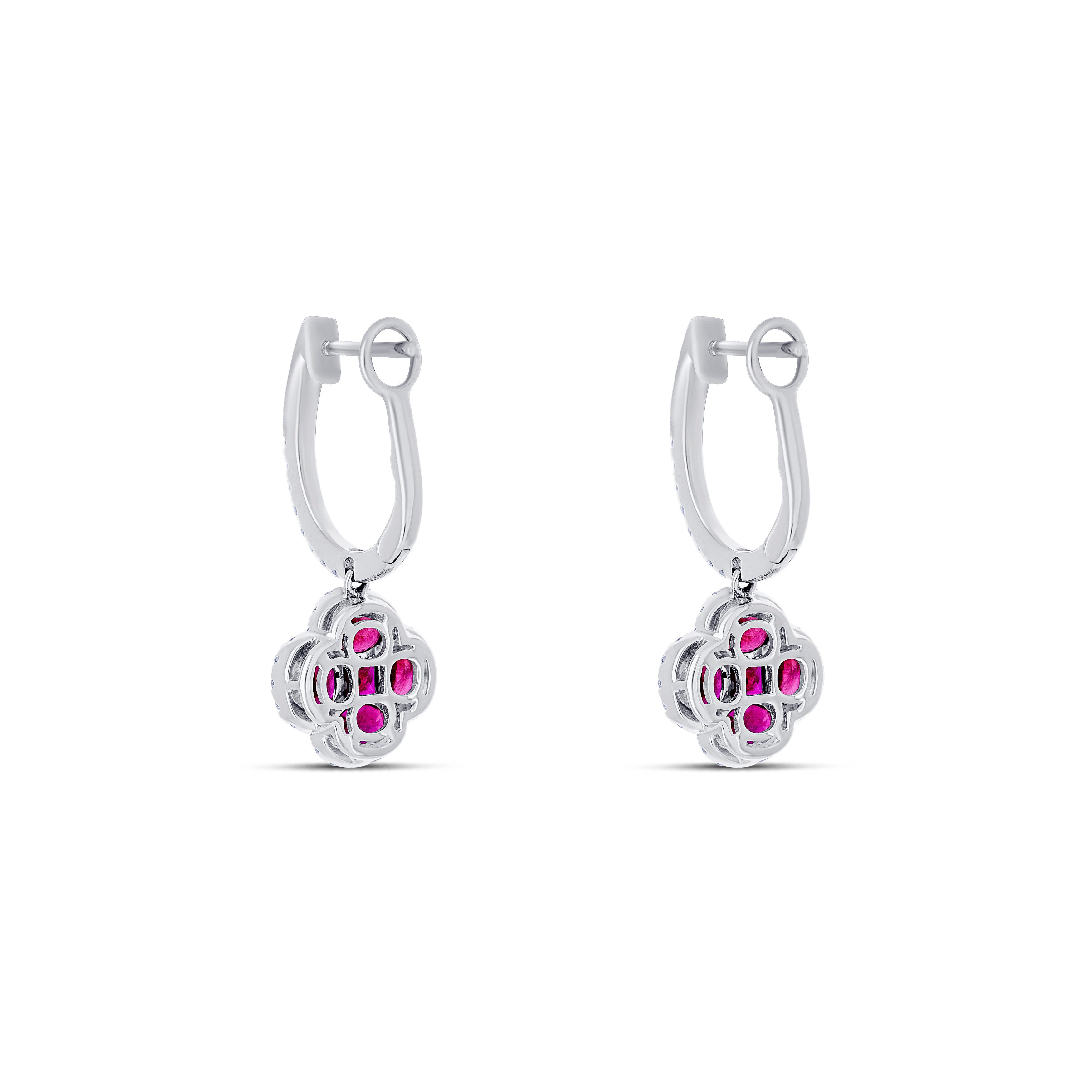 18K White Gold Round Cut Ruby and Round Cut Diamond Drop Earrings