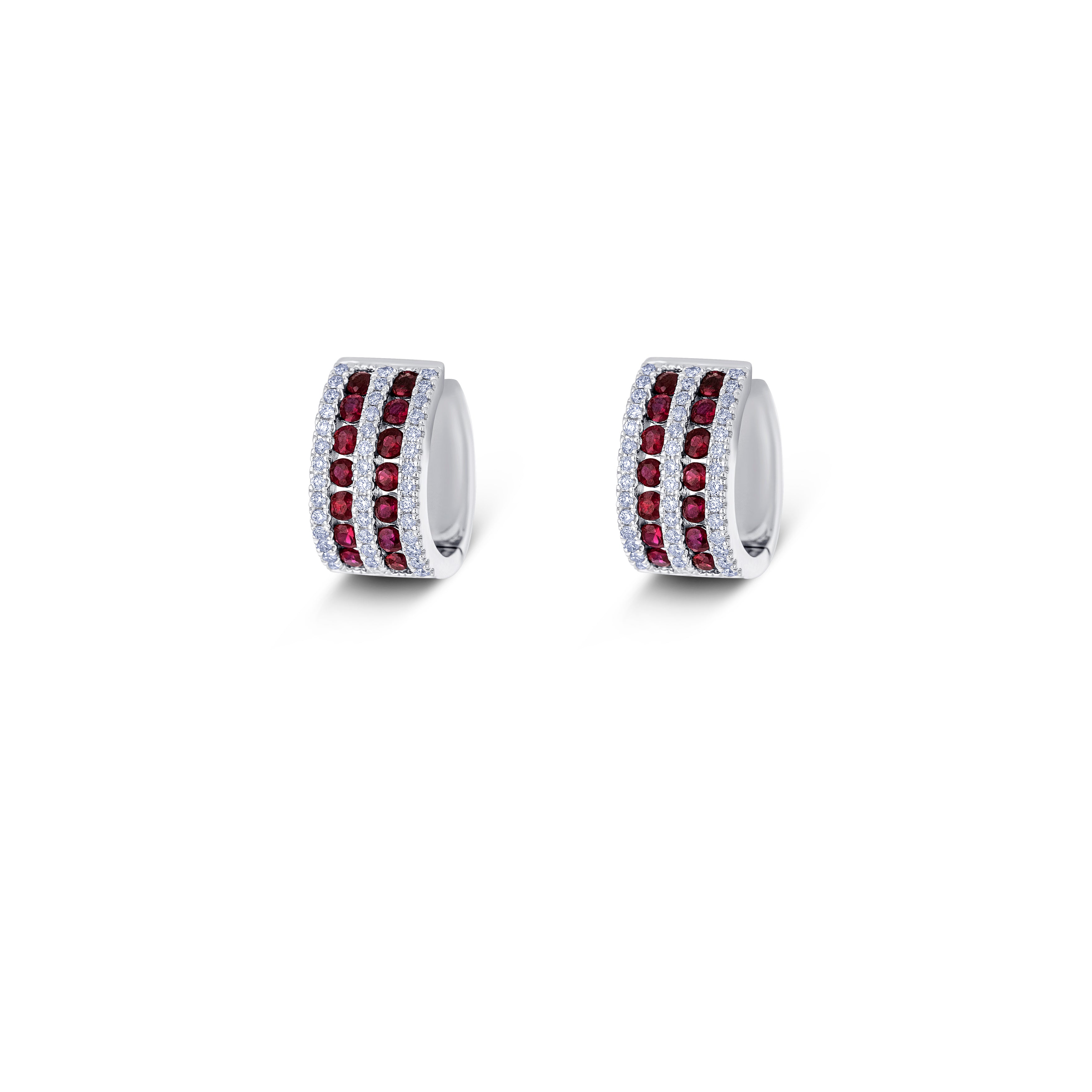 18K White Gold Round Cut Ruby and Round Cut Diamond Huggie Earrings