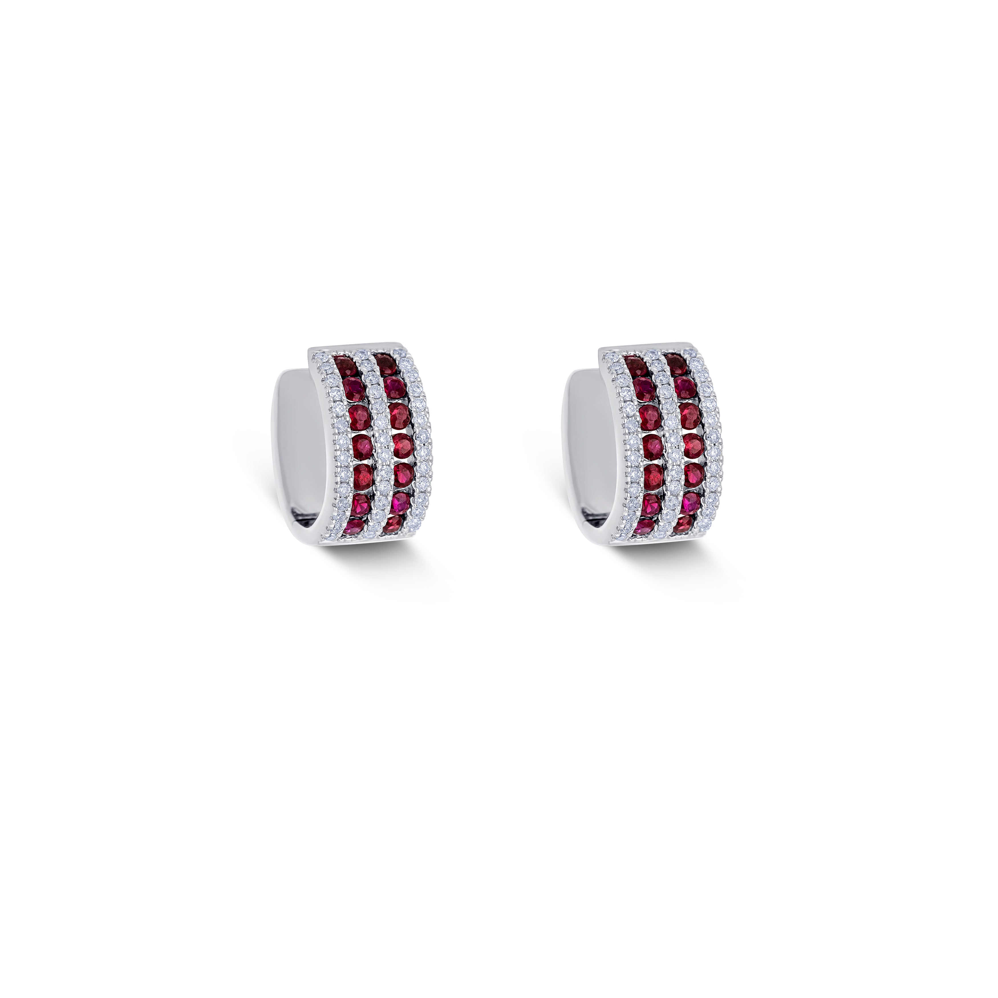 18K White Gold Round Cut Ruby and Round Cut Diamond Huggie Earrings