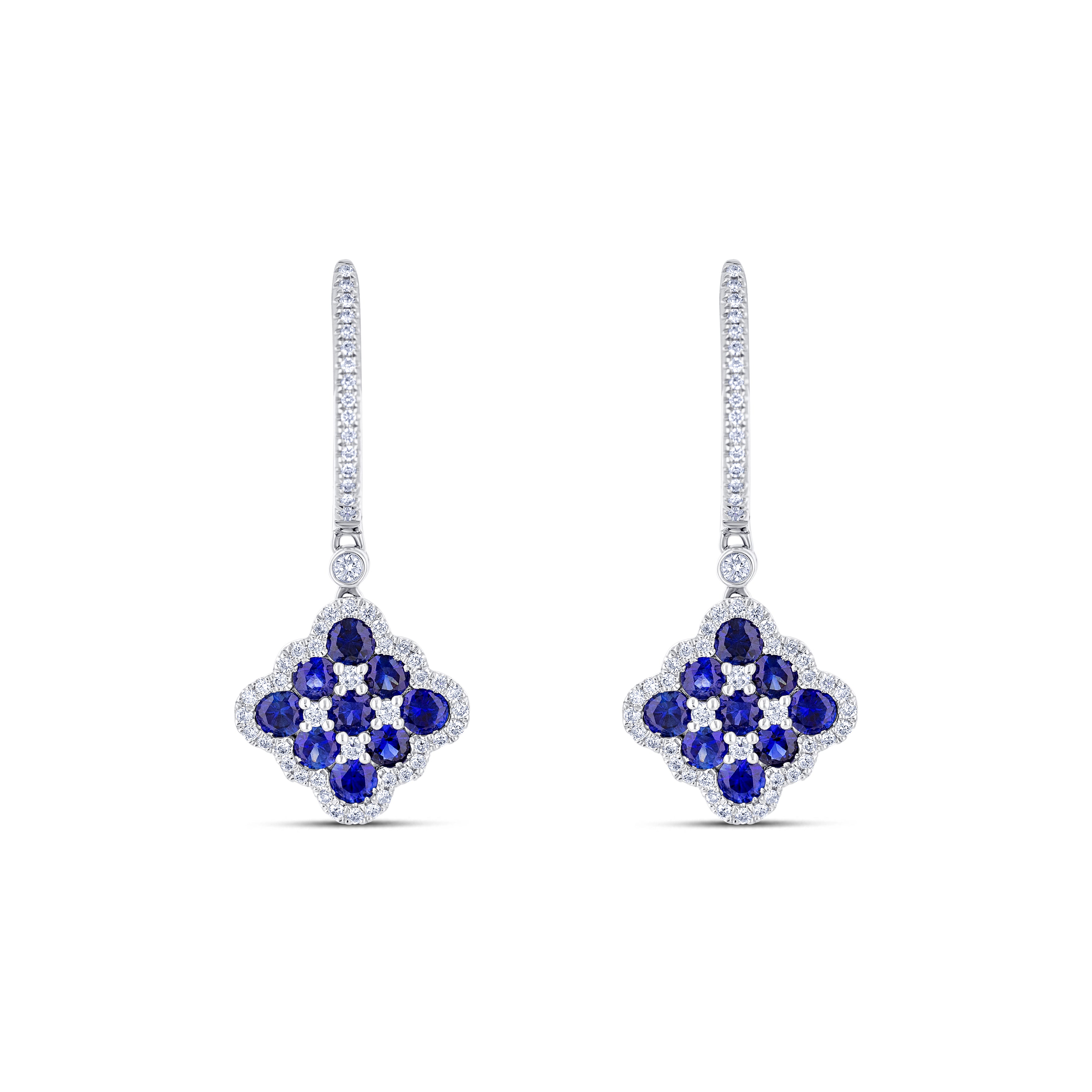 18K White Gold Round Cut Sapphire and Round Cut Diamond Drop Earrings