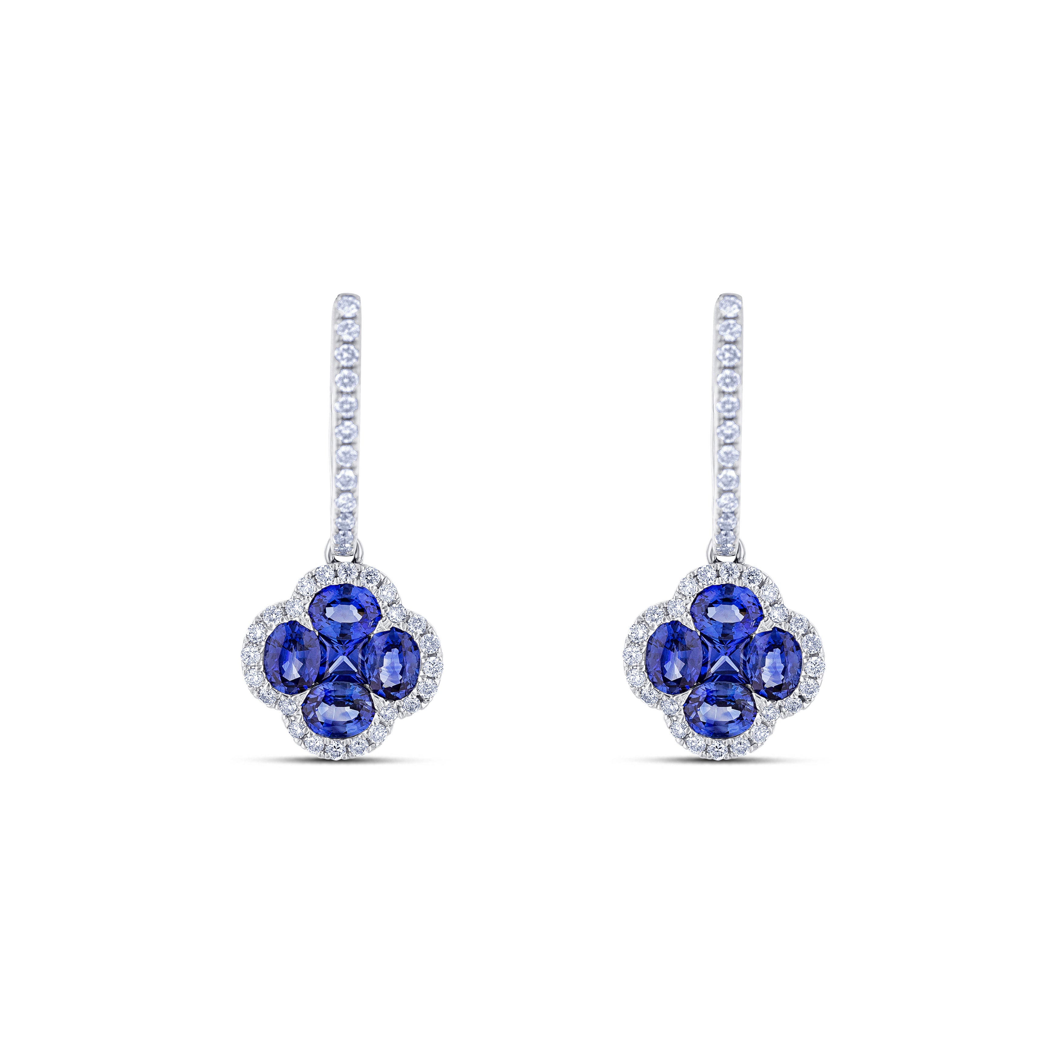 18K White Gold Round Cut Sapphire and Round Cut Diamond Drop Earrings