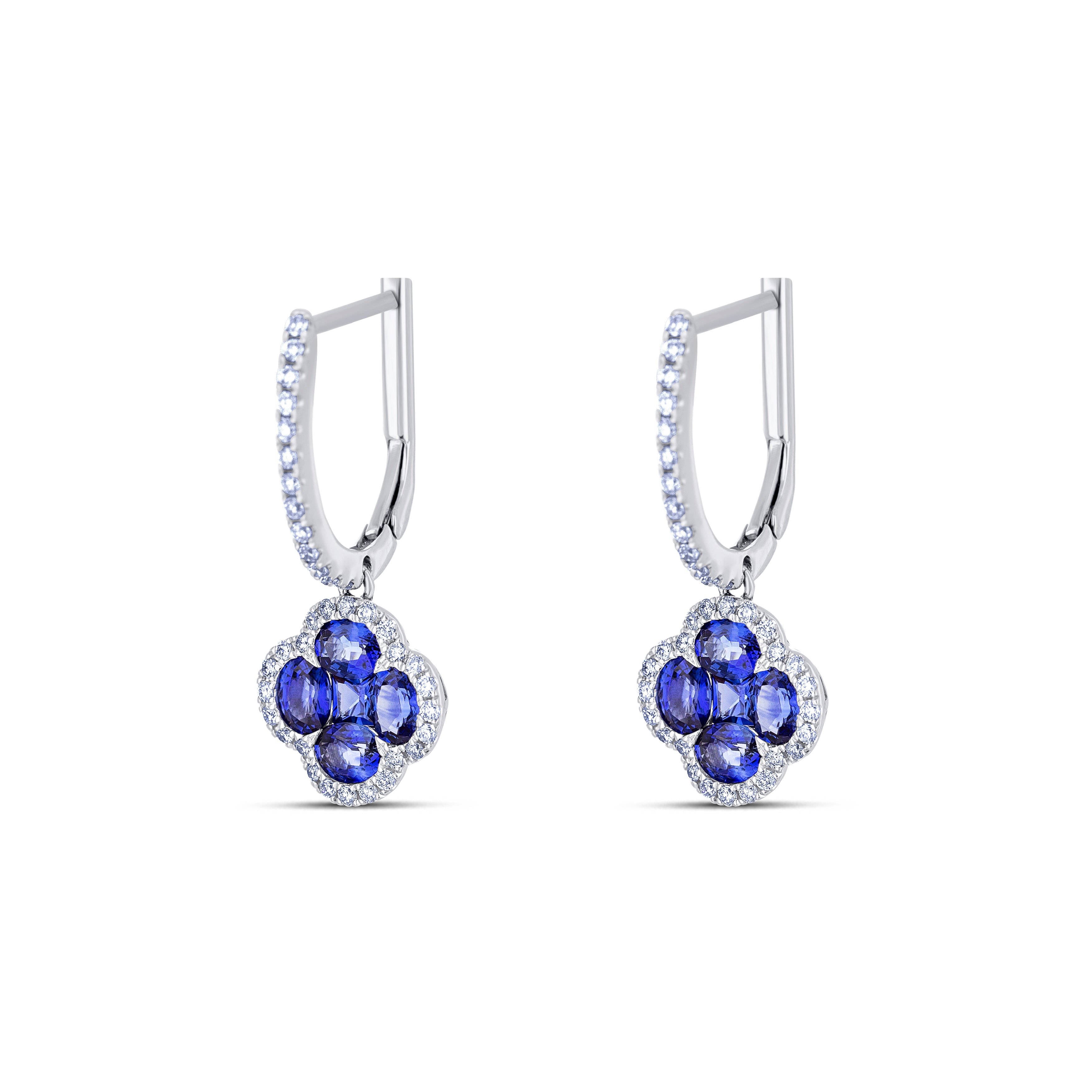 18K White Gold Round Cut Sapphire and Round Cut Diamond Drop Earrings