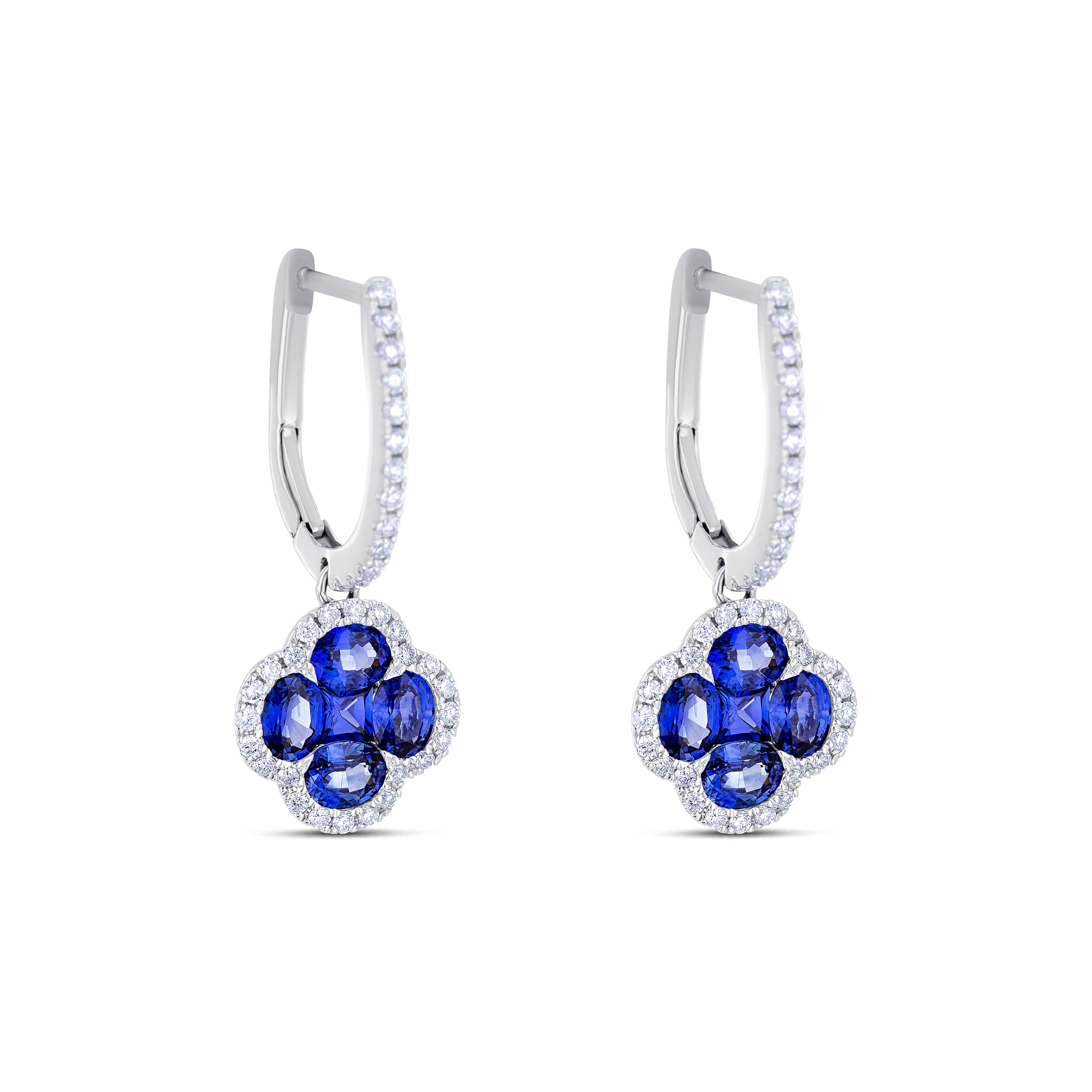 18K White Gold Round Cut Sapphire and Round Cut Diamond Drop Earrings