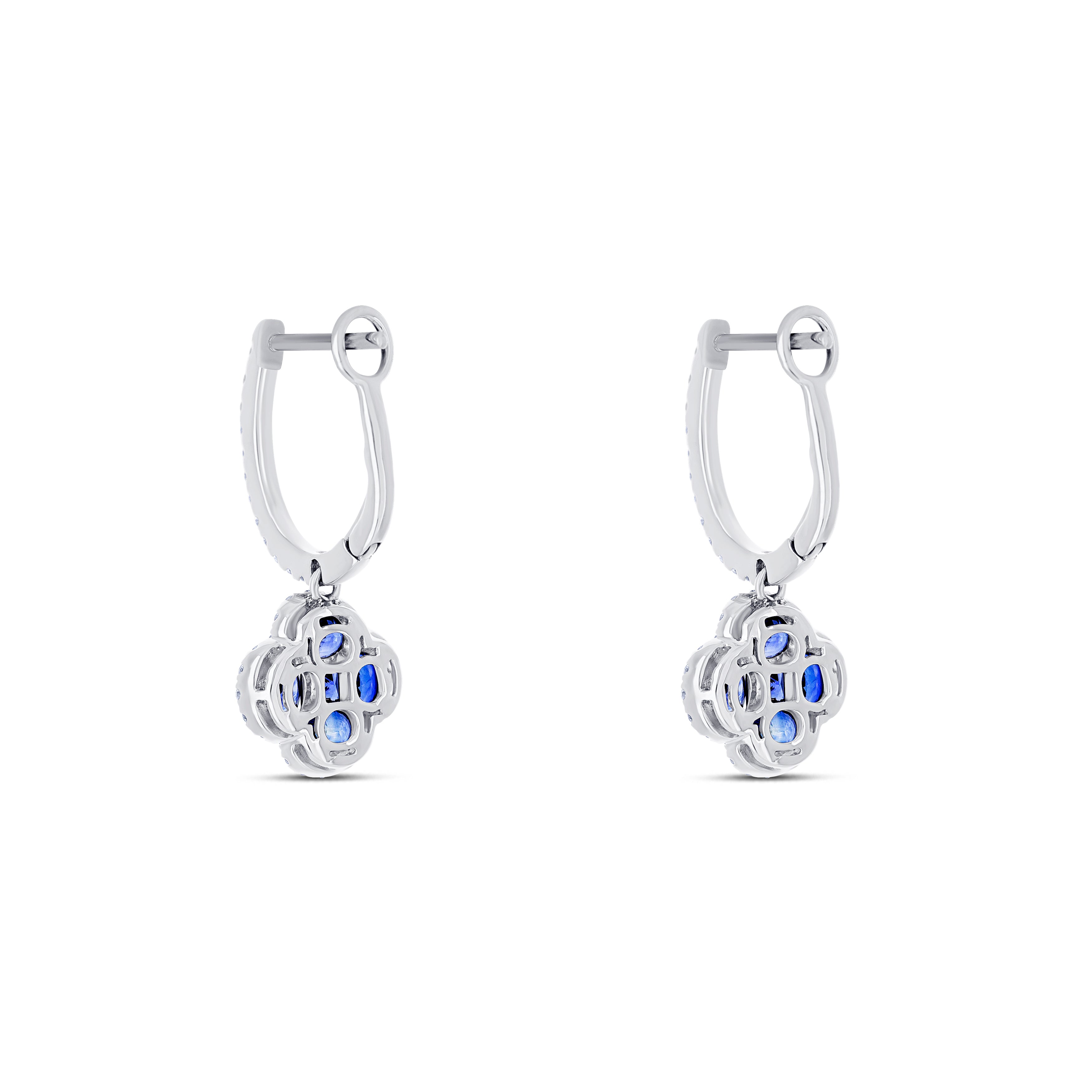 18K White Gold Round Cut Sapphire and Round Cut Diamond Drop Earrings