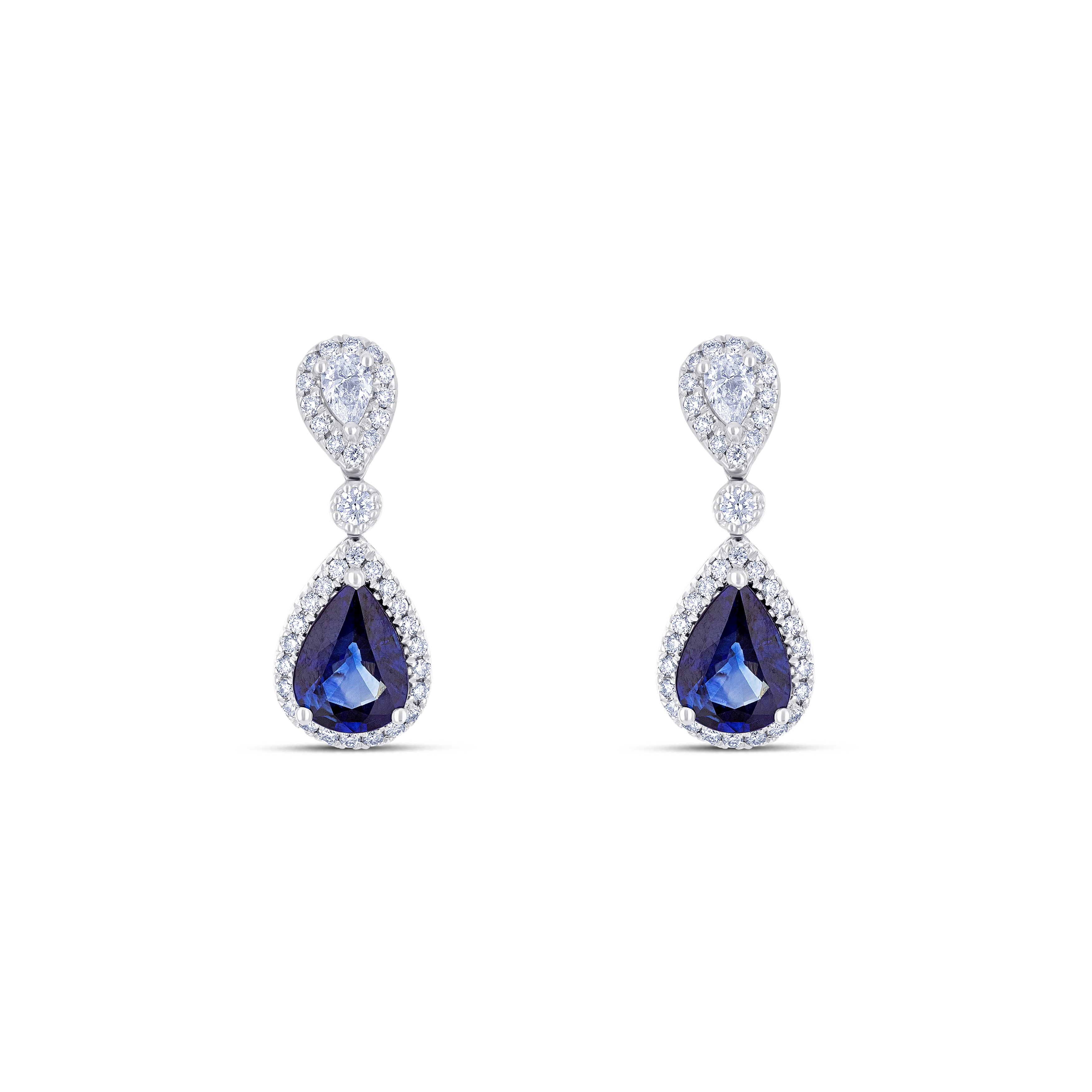 18K White Gold Round Cut Sapphire and Round Cut Diamond Drop Earrings