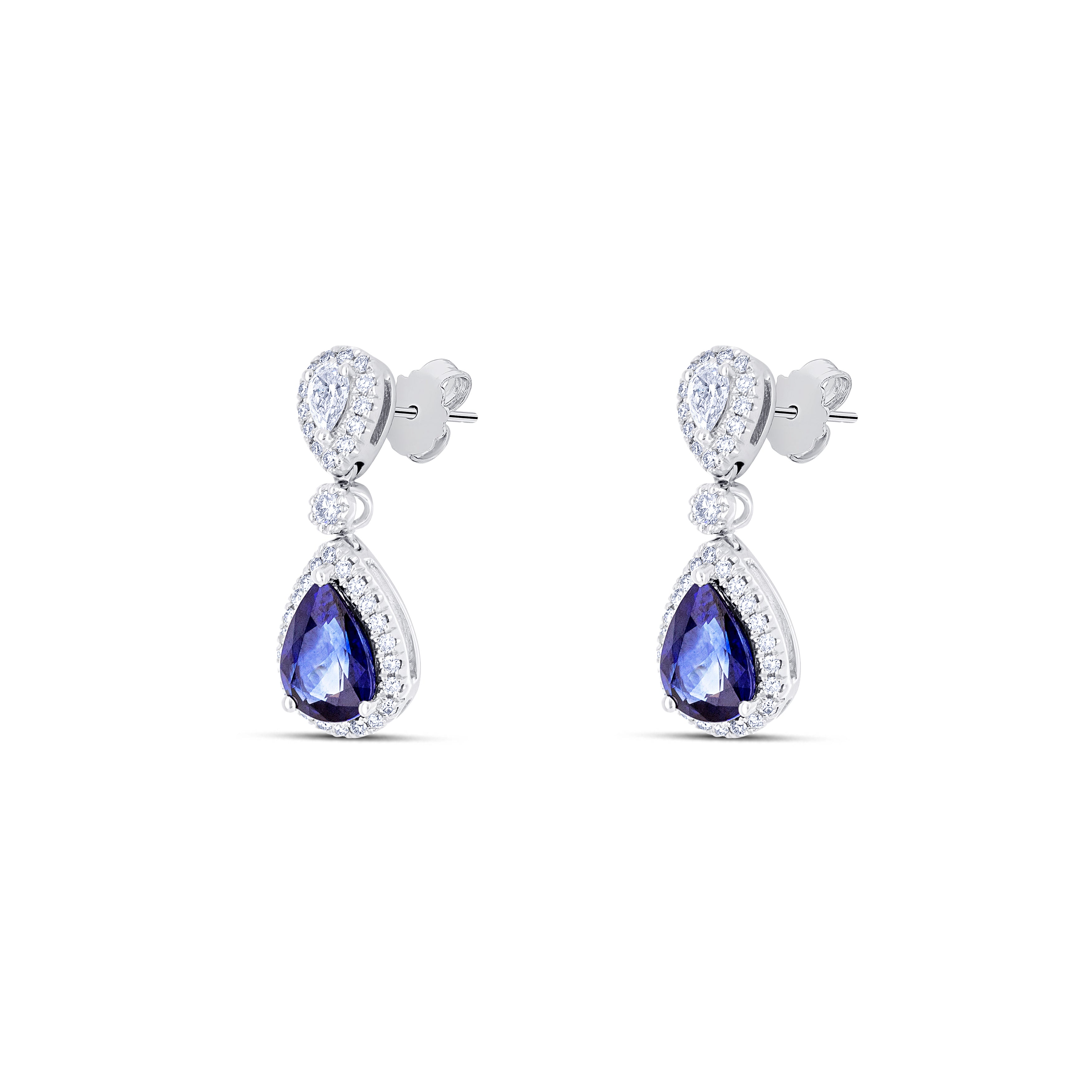 18K White Gold Round Cut Sapphire and Round Cut Diamond Drop Earrings