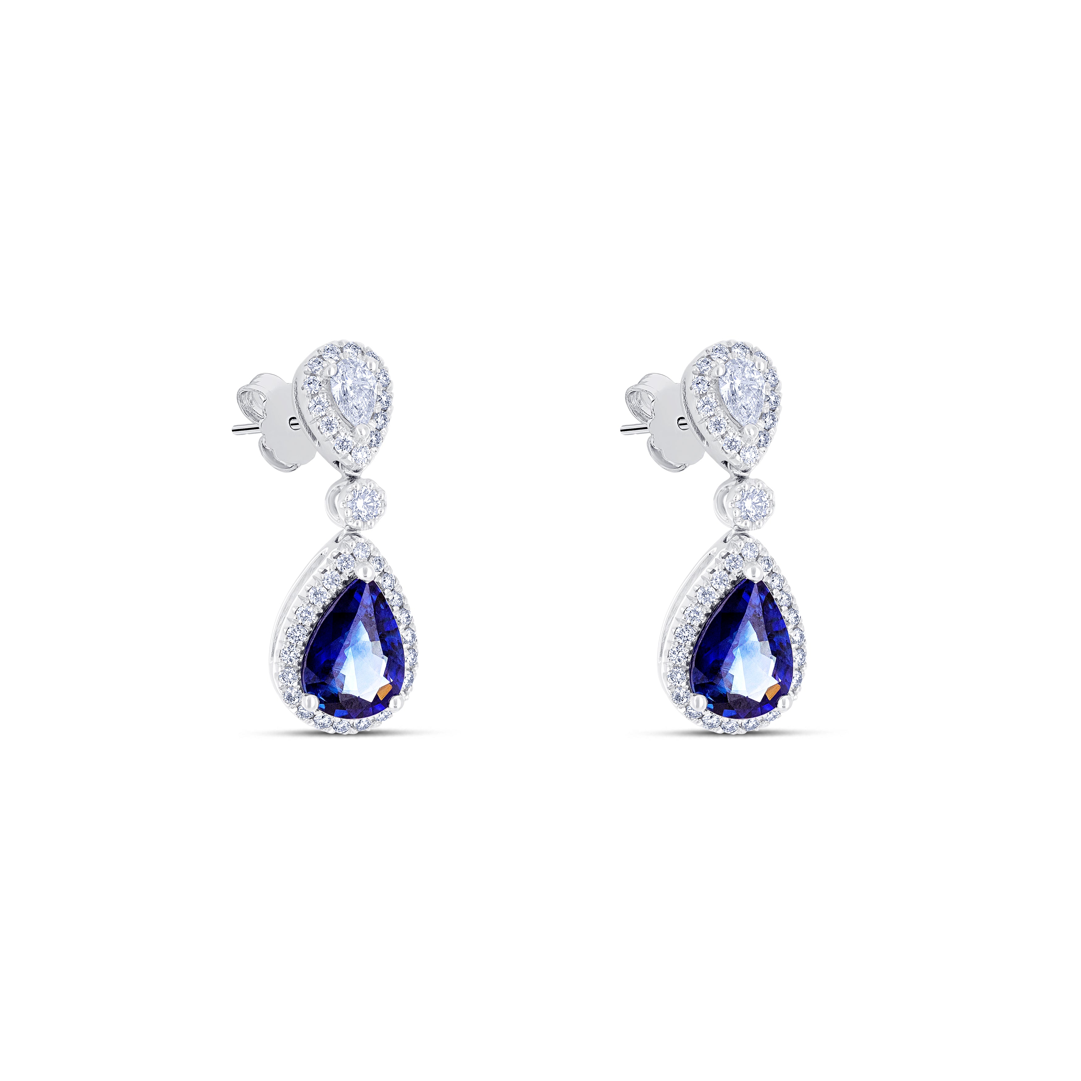 18K White Gold Round Cut Sapphire and Round Cut Diamond Drop Earrings