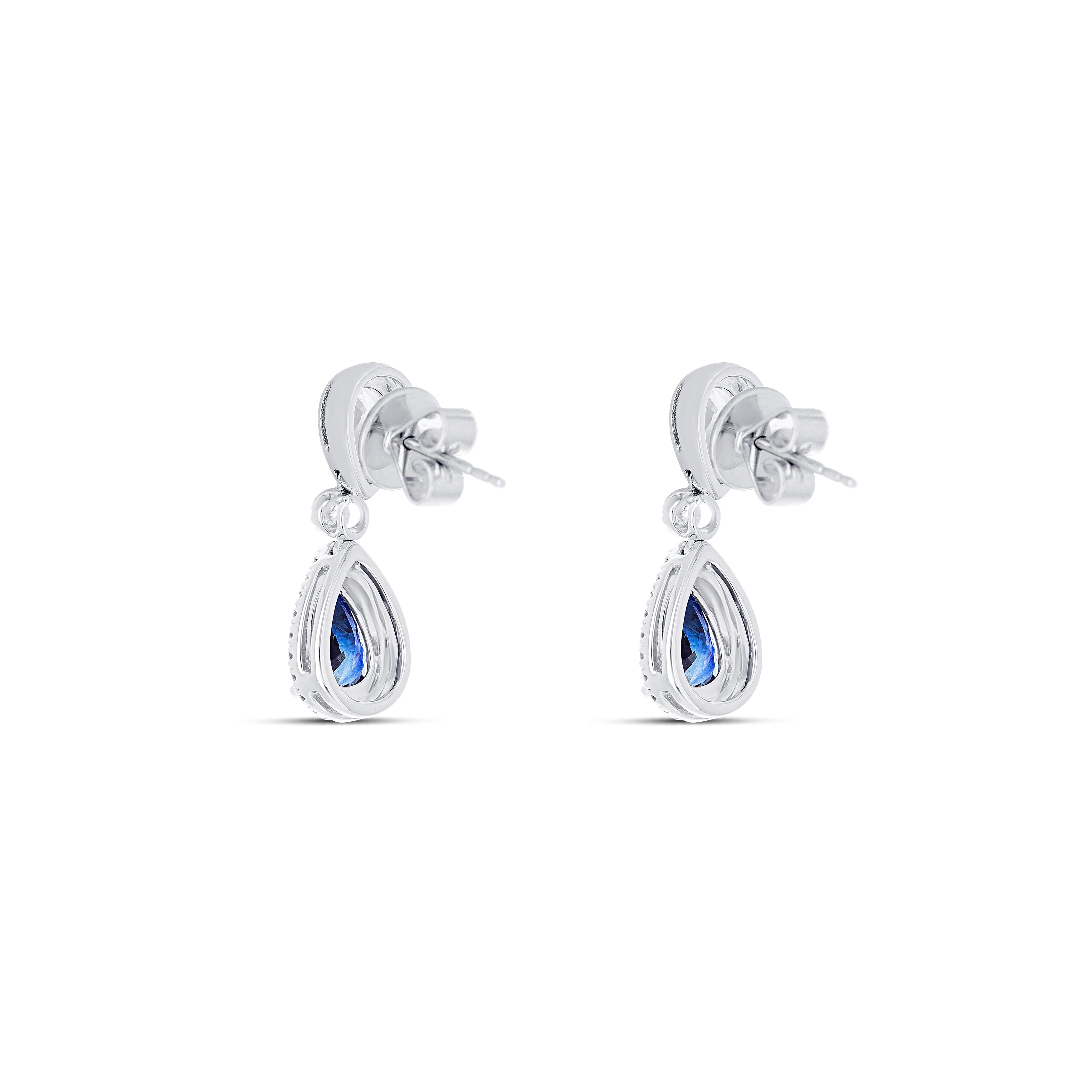 18K White Gold Round Cut Sapphire and Round Cut Diamond Drop Earrings