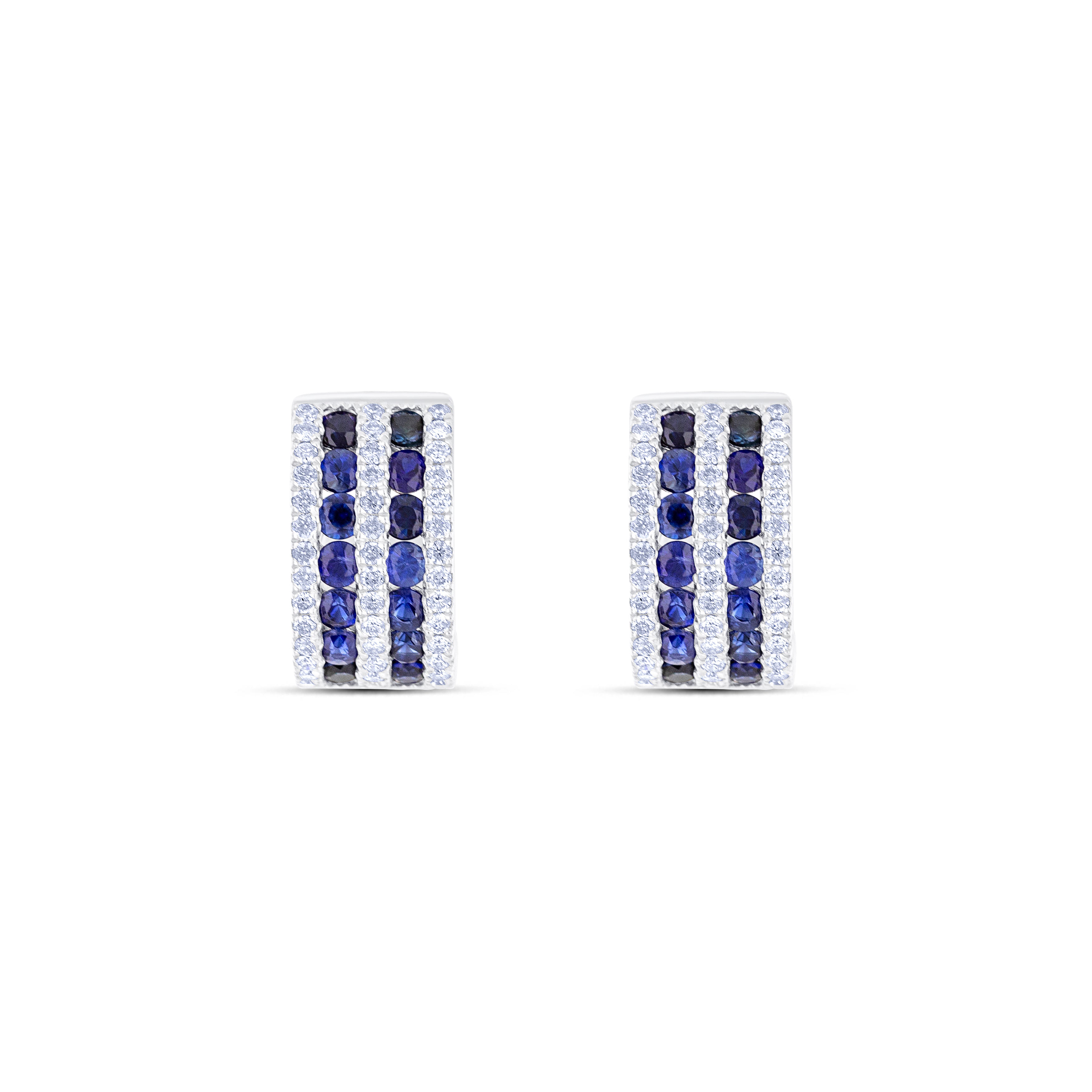 18K White Gold Round Cut Sapphire and Round Cut Diamond Huggie Earrings