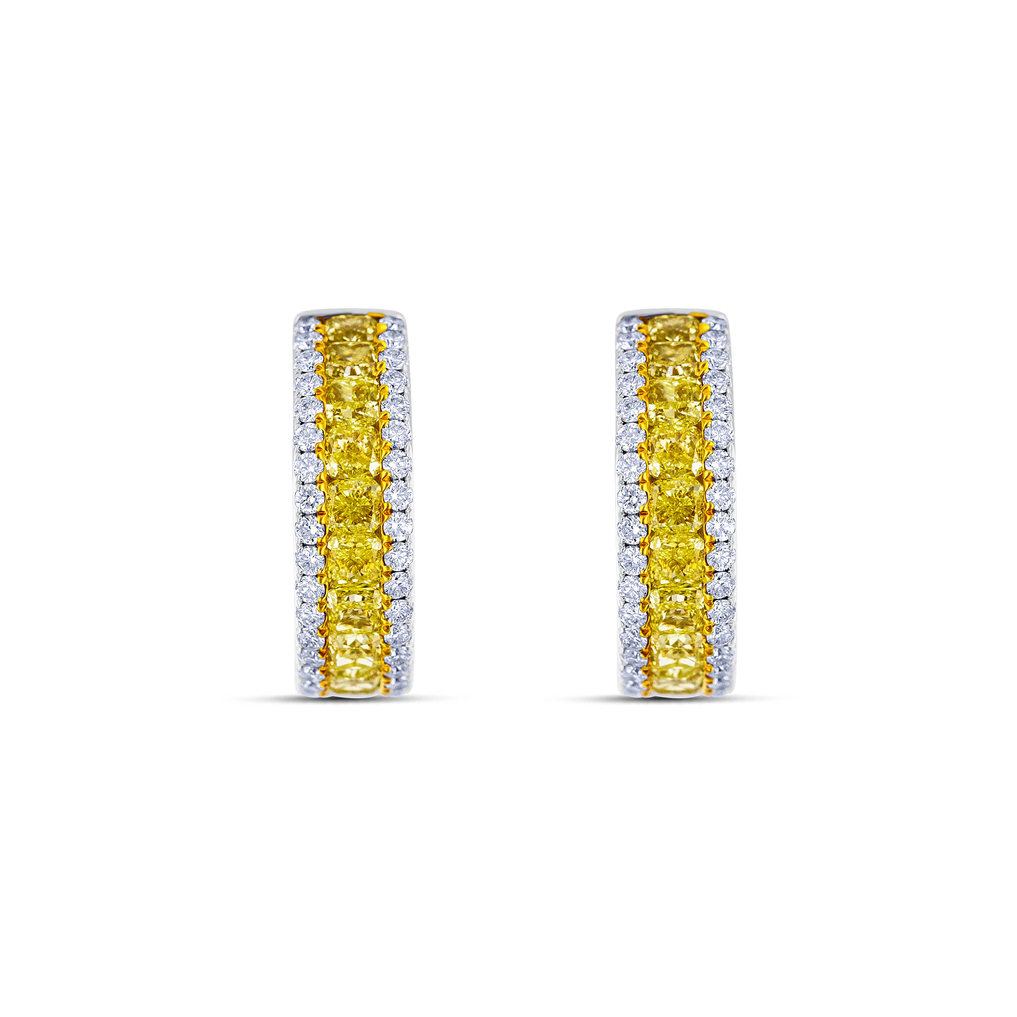 18K White Gold Cushion Cut Yellow Diamond with Round Cut Diamond Huggie Earrings