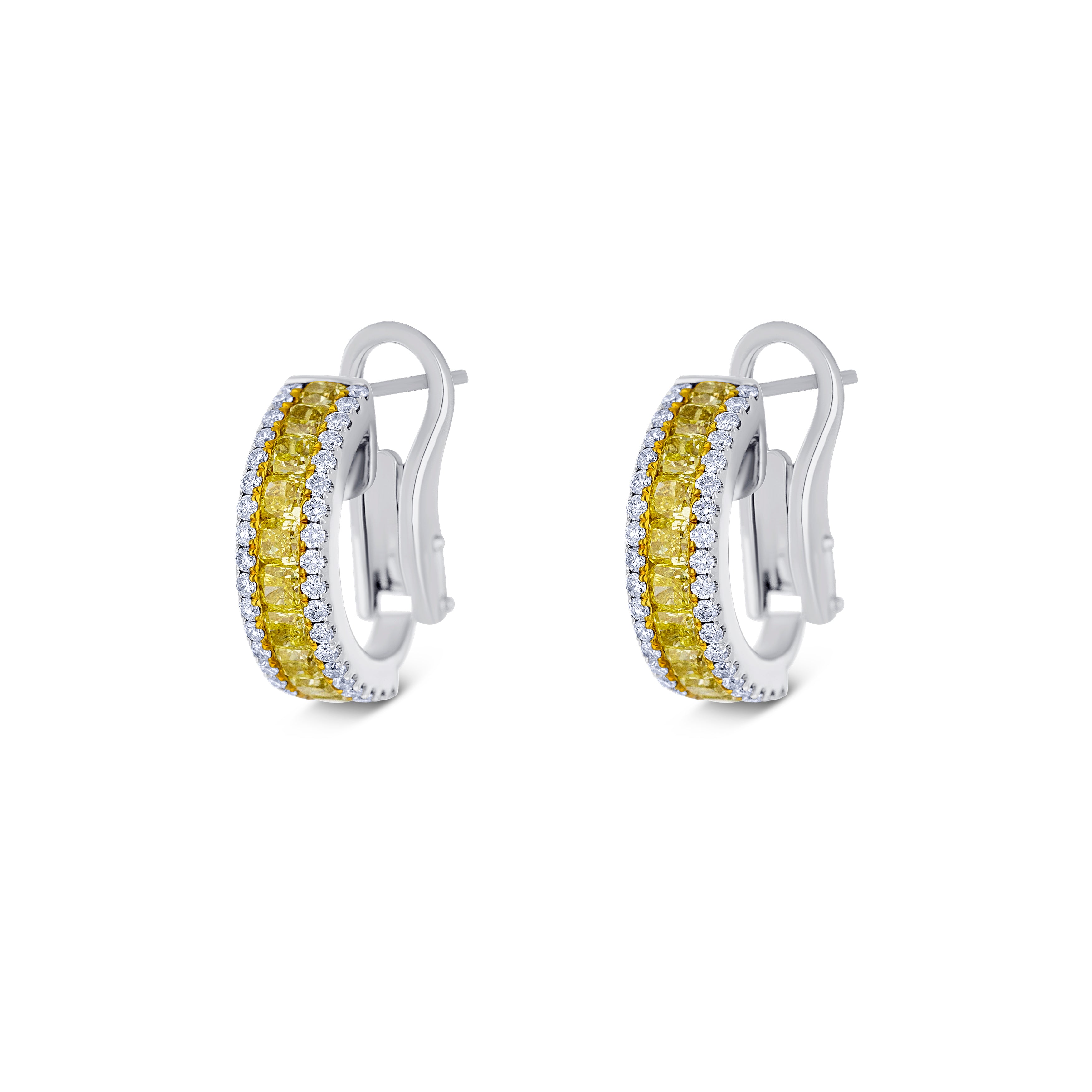 18K White Gold Cushion Cut Yellow Diamond with Round Cut Diamond Huggie Earrings