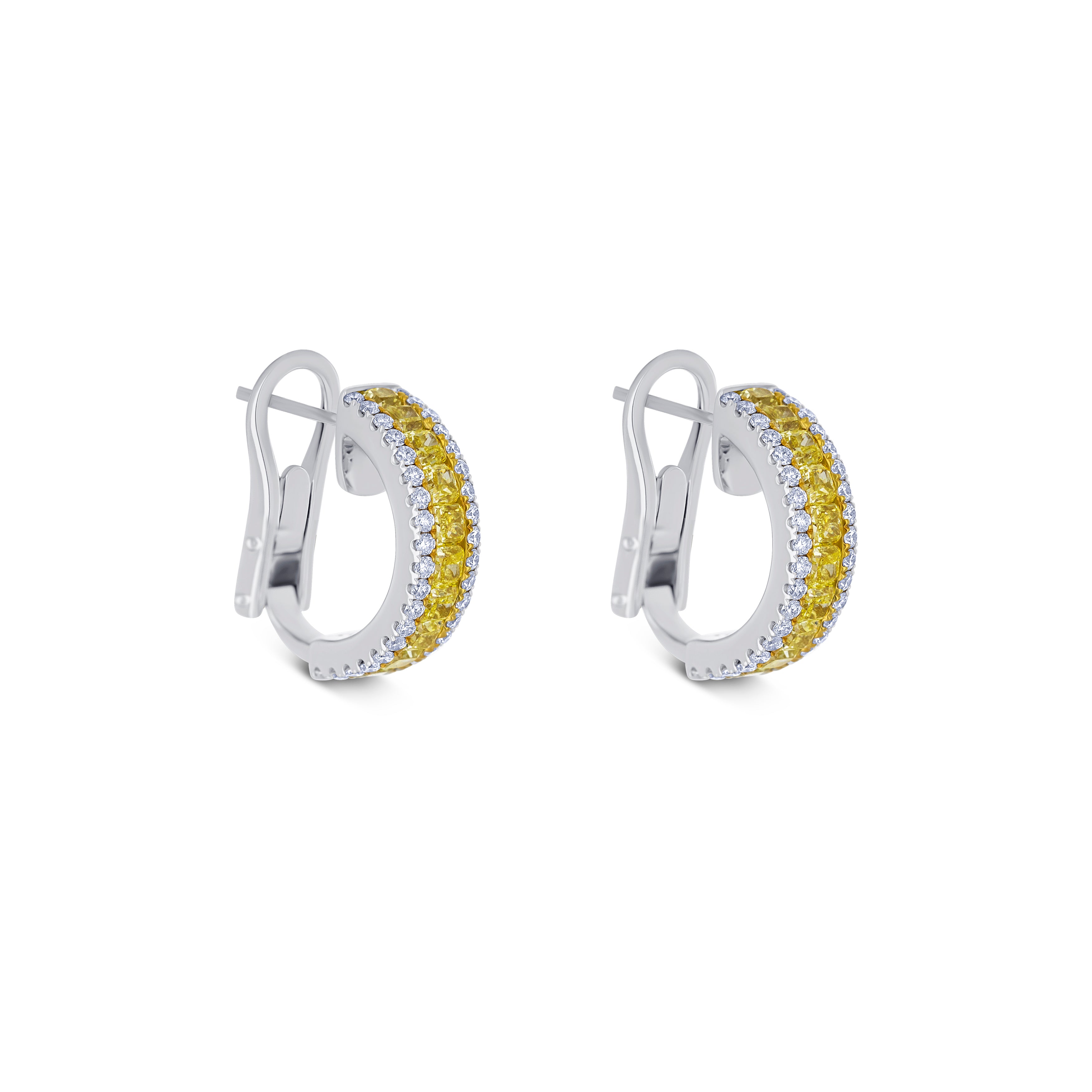 18K White Gold Cushion Cut Yellow Diamond with Round Cut Diamond Huggie Earrings