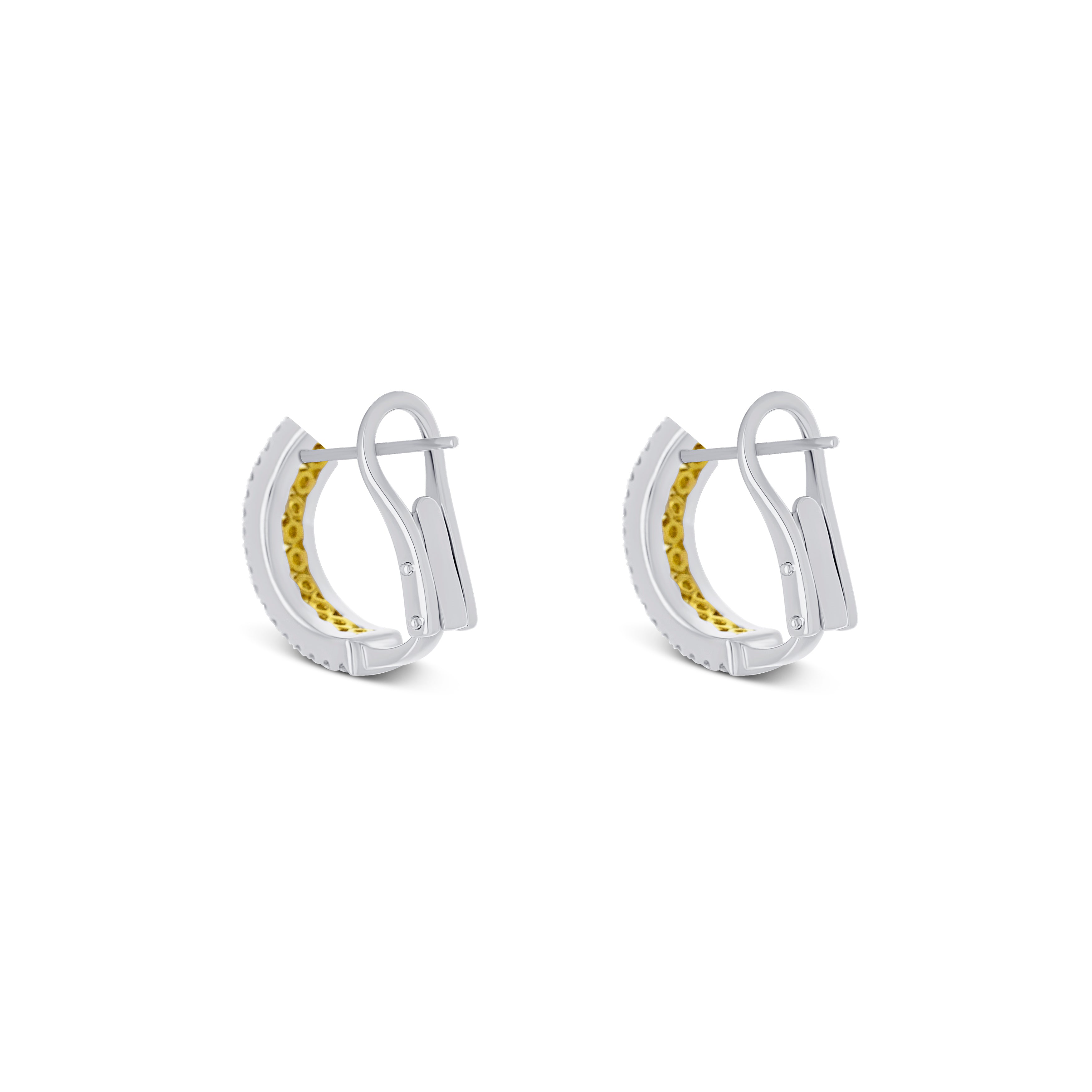 18K White Gold Cushion Cut Yellow Diamond with Round Cut Diamond Huggie Earrings