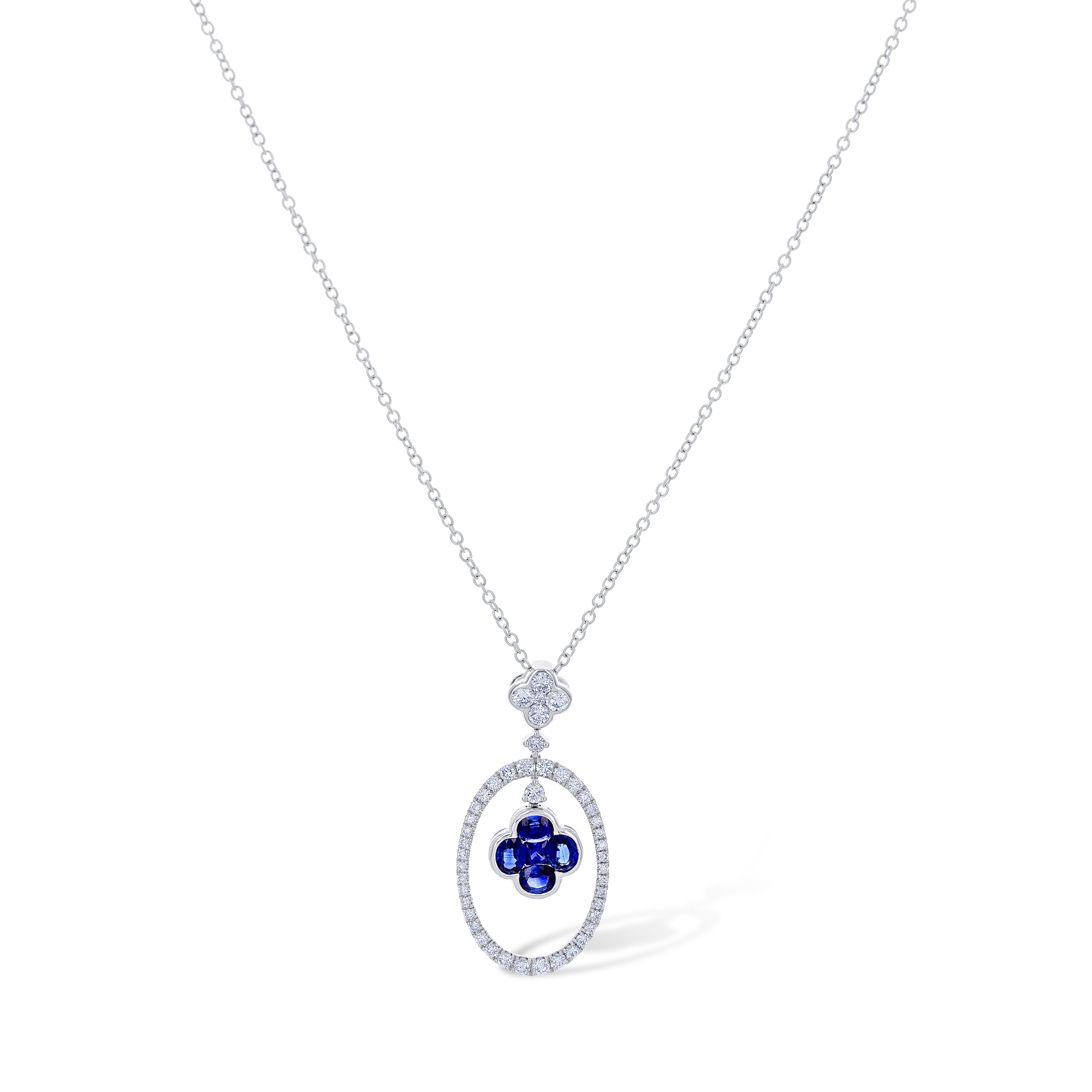 18K White Gold Cushion Cut Blue Sapphire With Round Cut Diamond Necklace