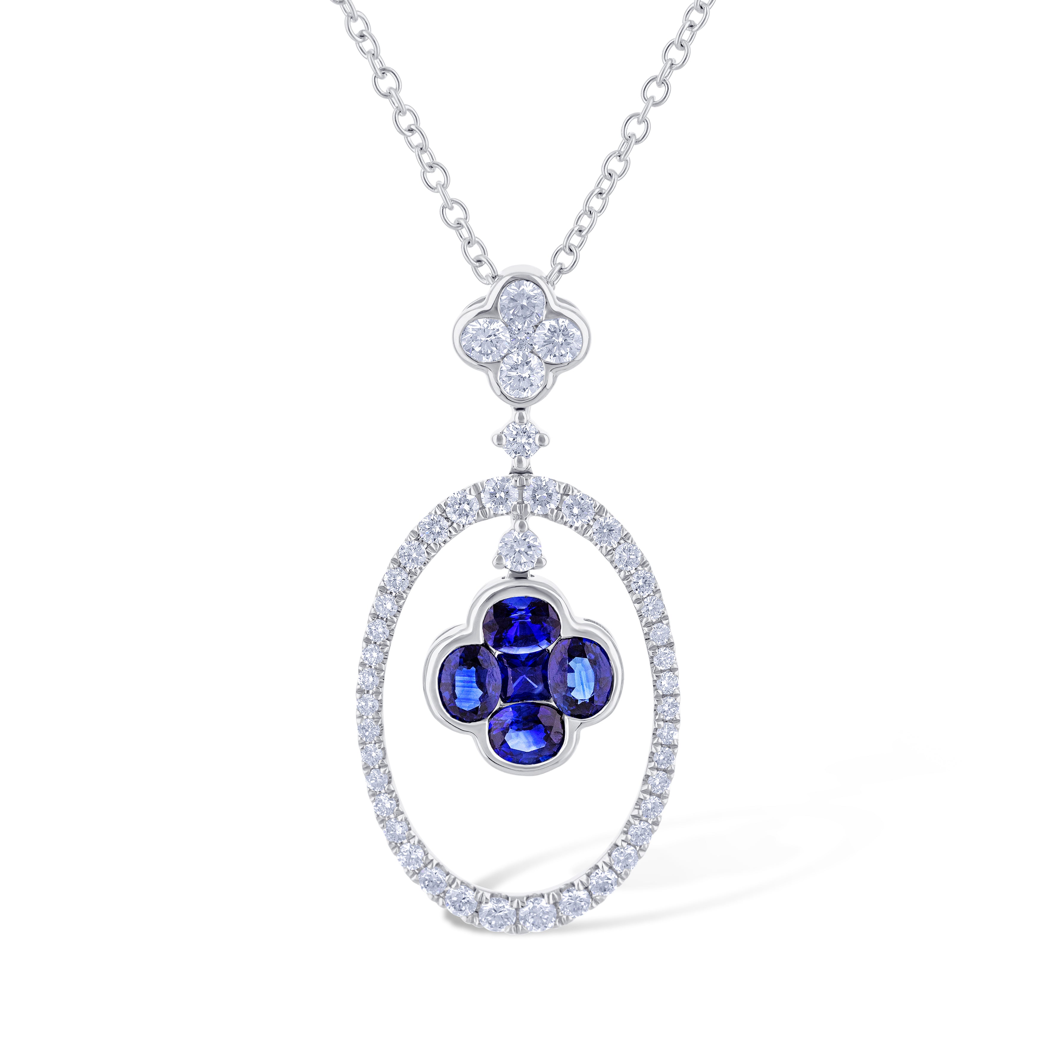 18K White Gold Cushion Cut Blue Sapphire With Round Cut Diamond Necklace