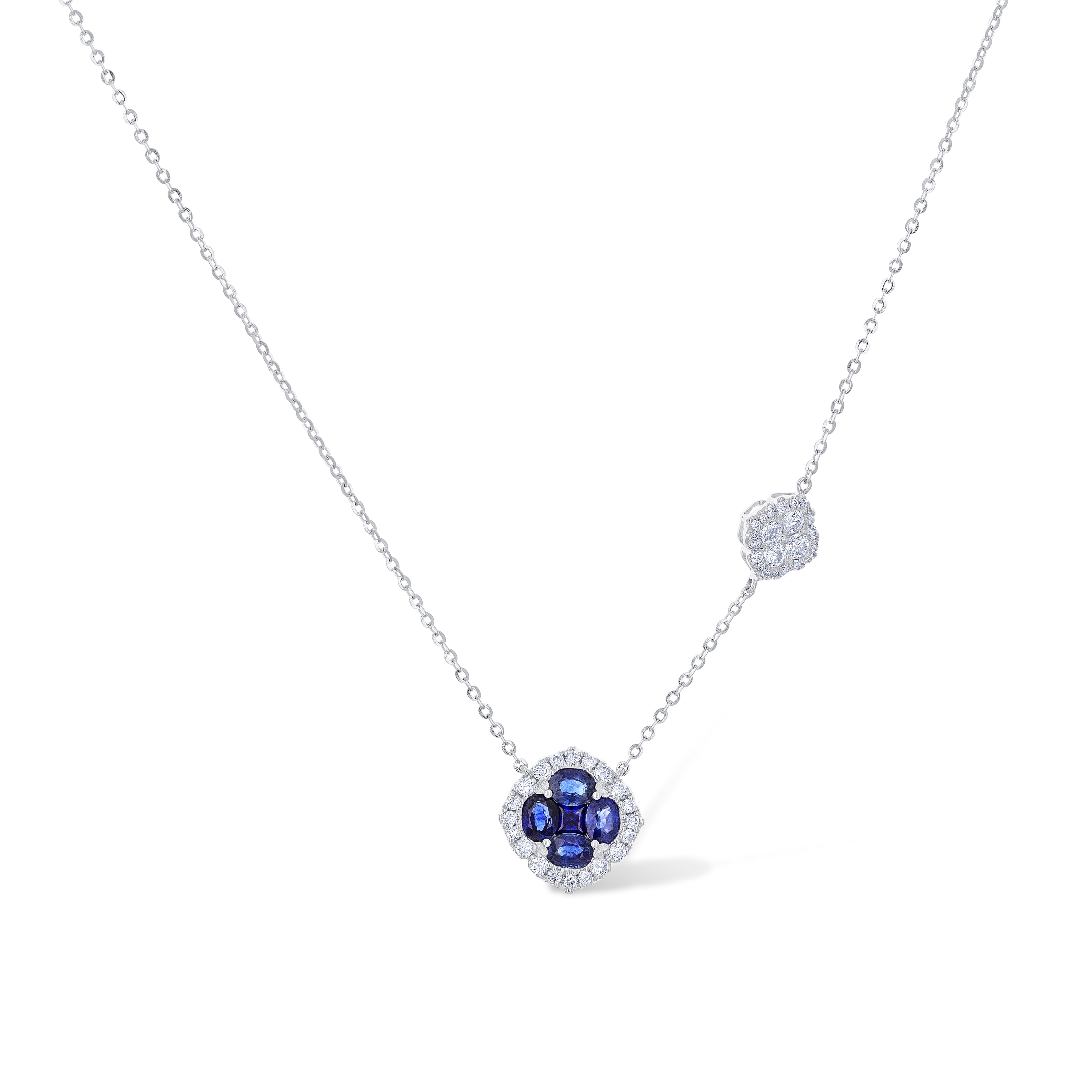 18K White Gold Blue Sapphire With Diamond Pendant With Chain