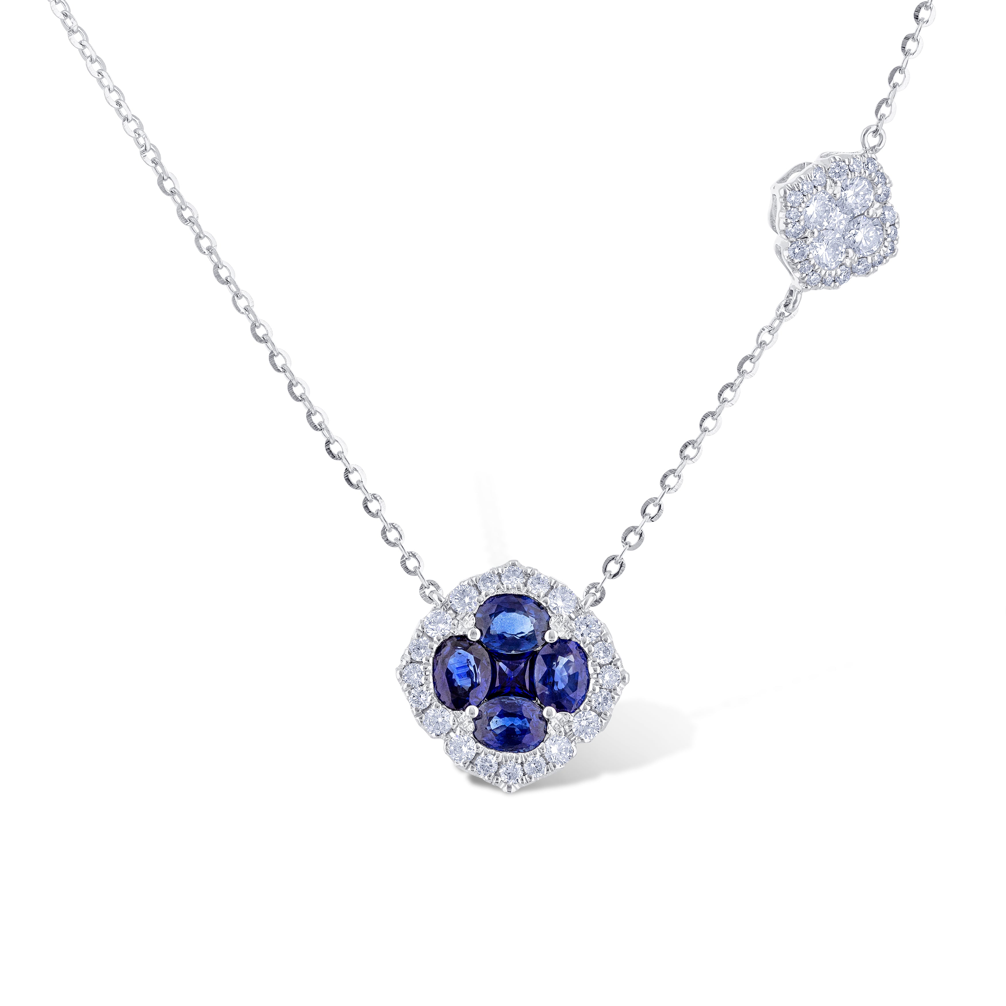 18K White Gold Blue Sapphire With Diamond Pendant With Chain