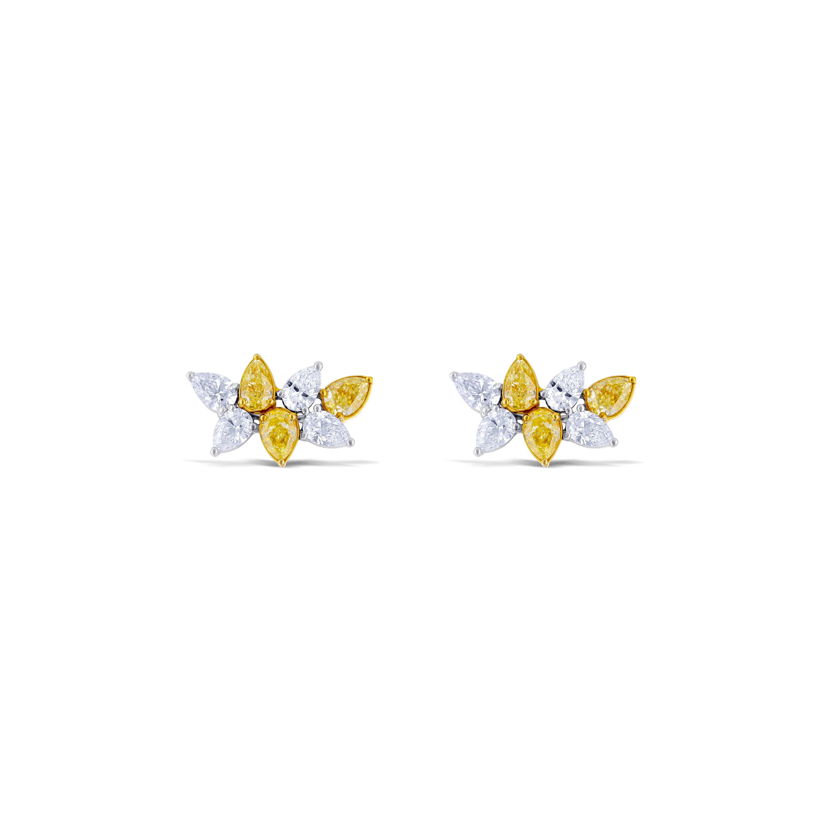 18K White Gold Yellow Pear Cut Diamond and Pear Cut Diamond Earrings