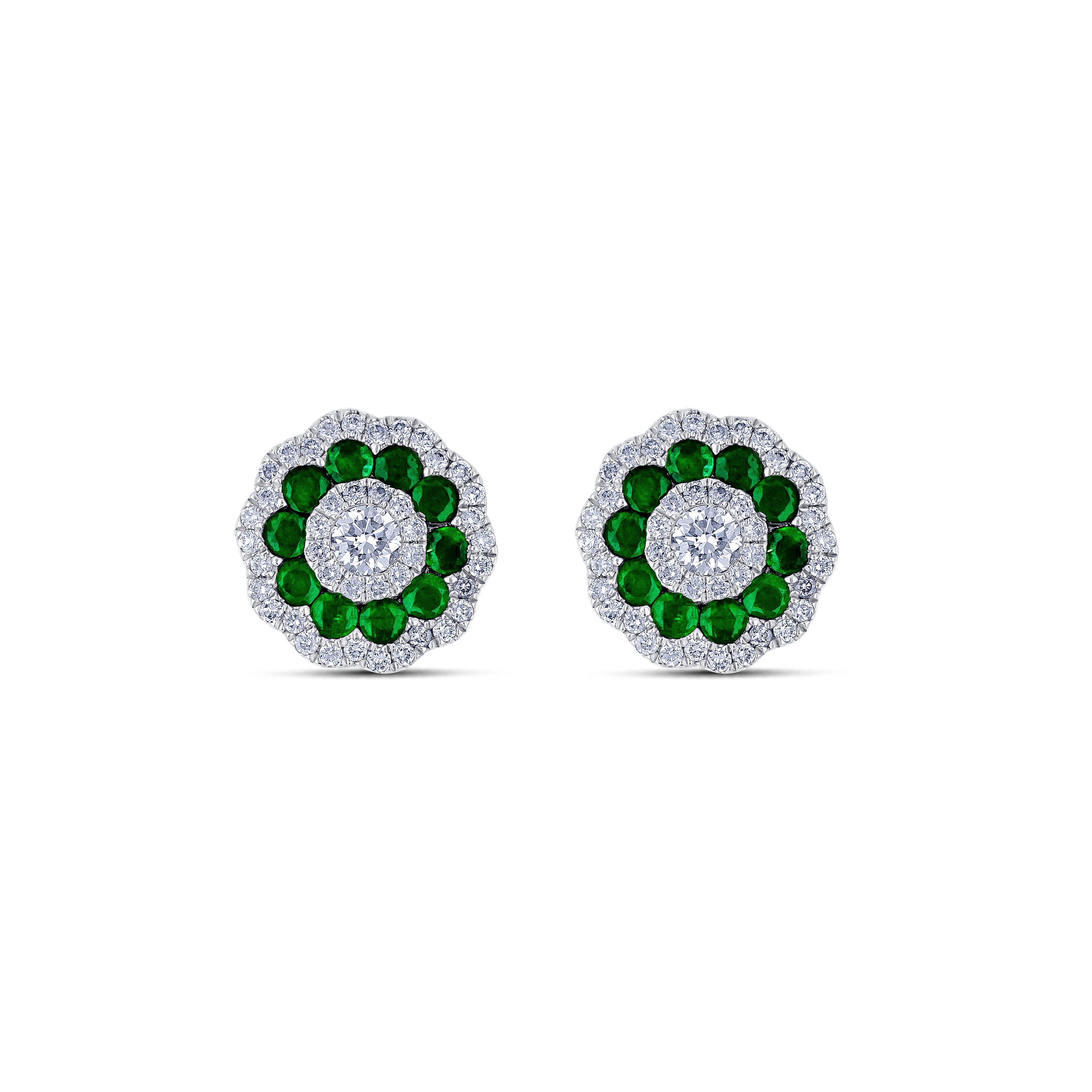 18K White Gold Round Cut Emerald Diamond Post Earrings