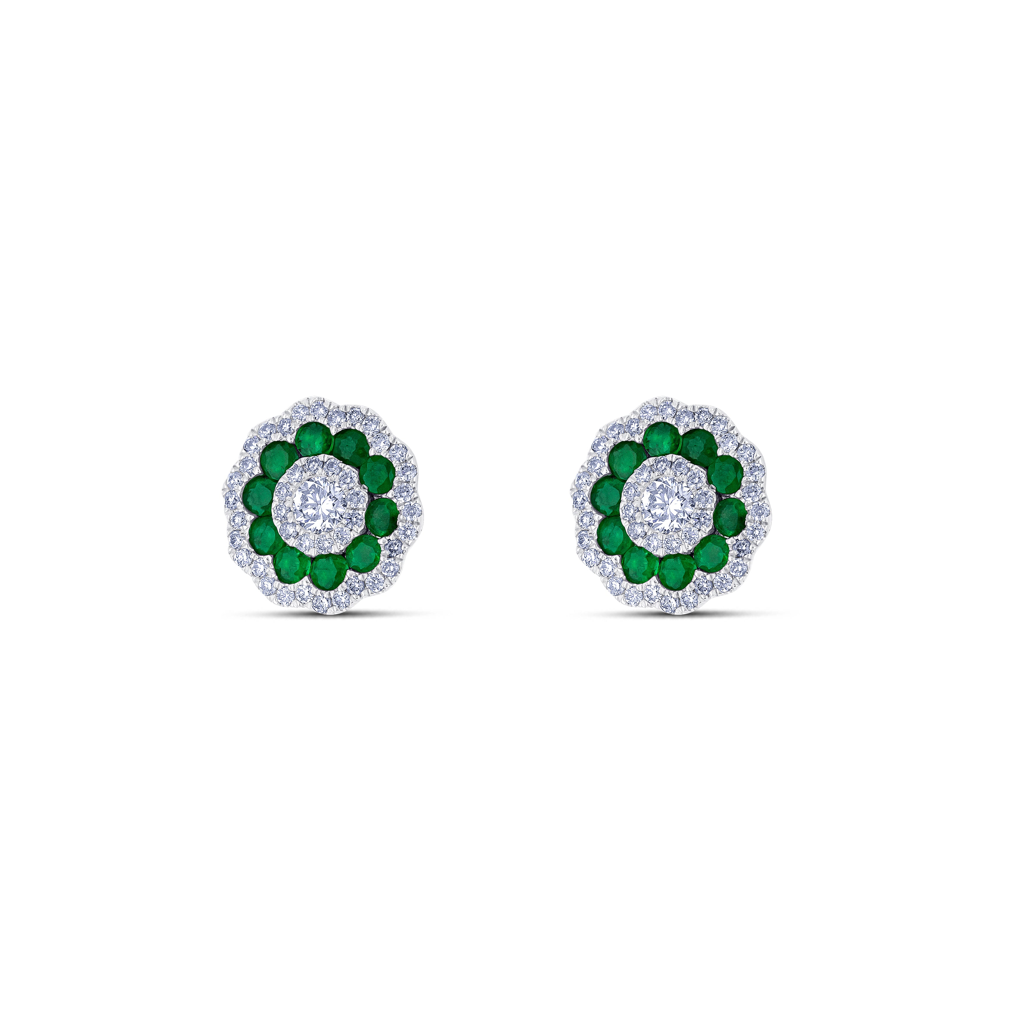 18K White Gold Round Cut Emerald Diamond Post Earrings