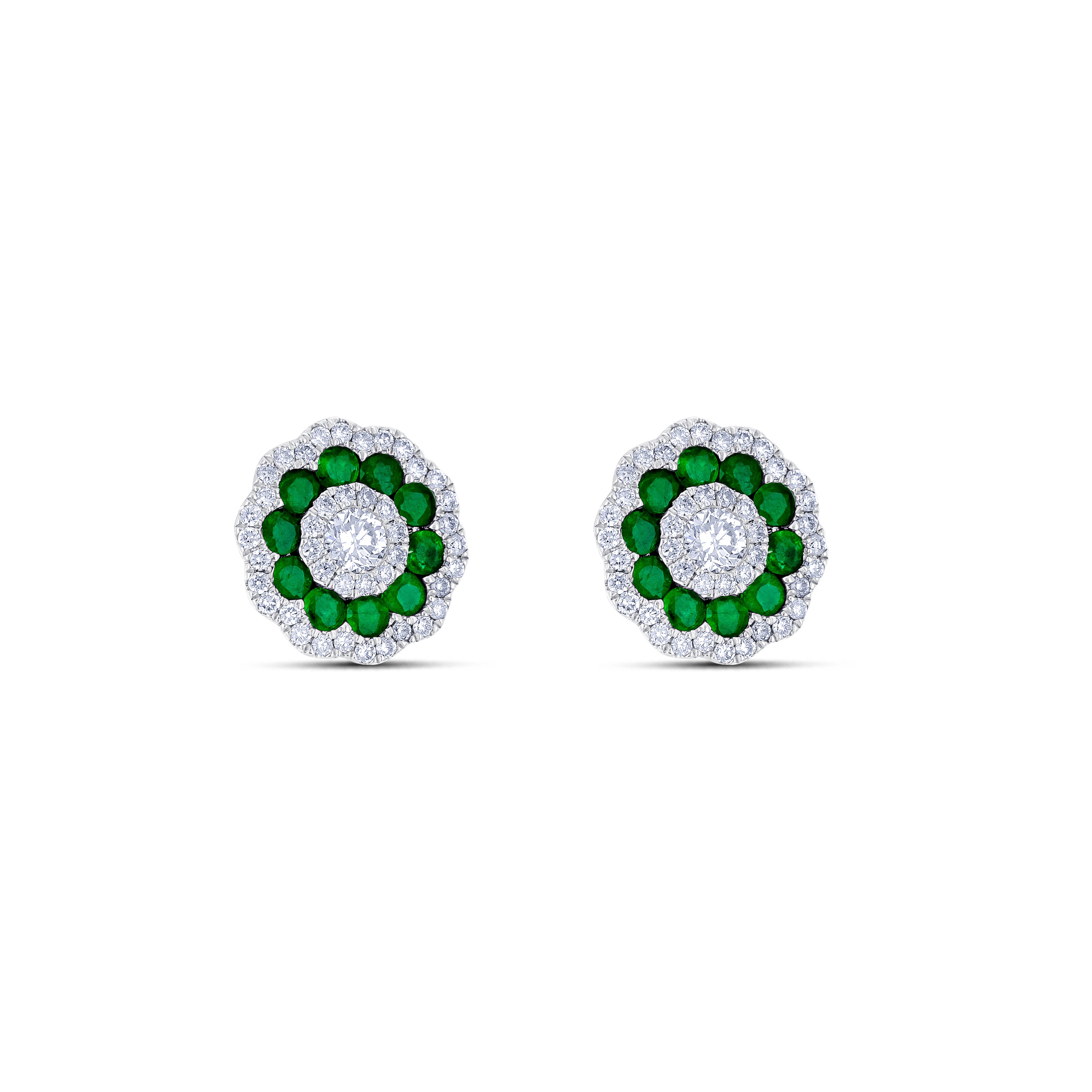 18K White Gold Round Cut Emerald Diamond Post Earrings