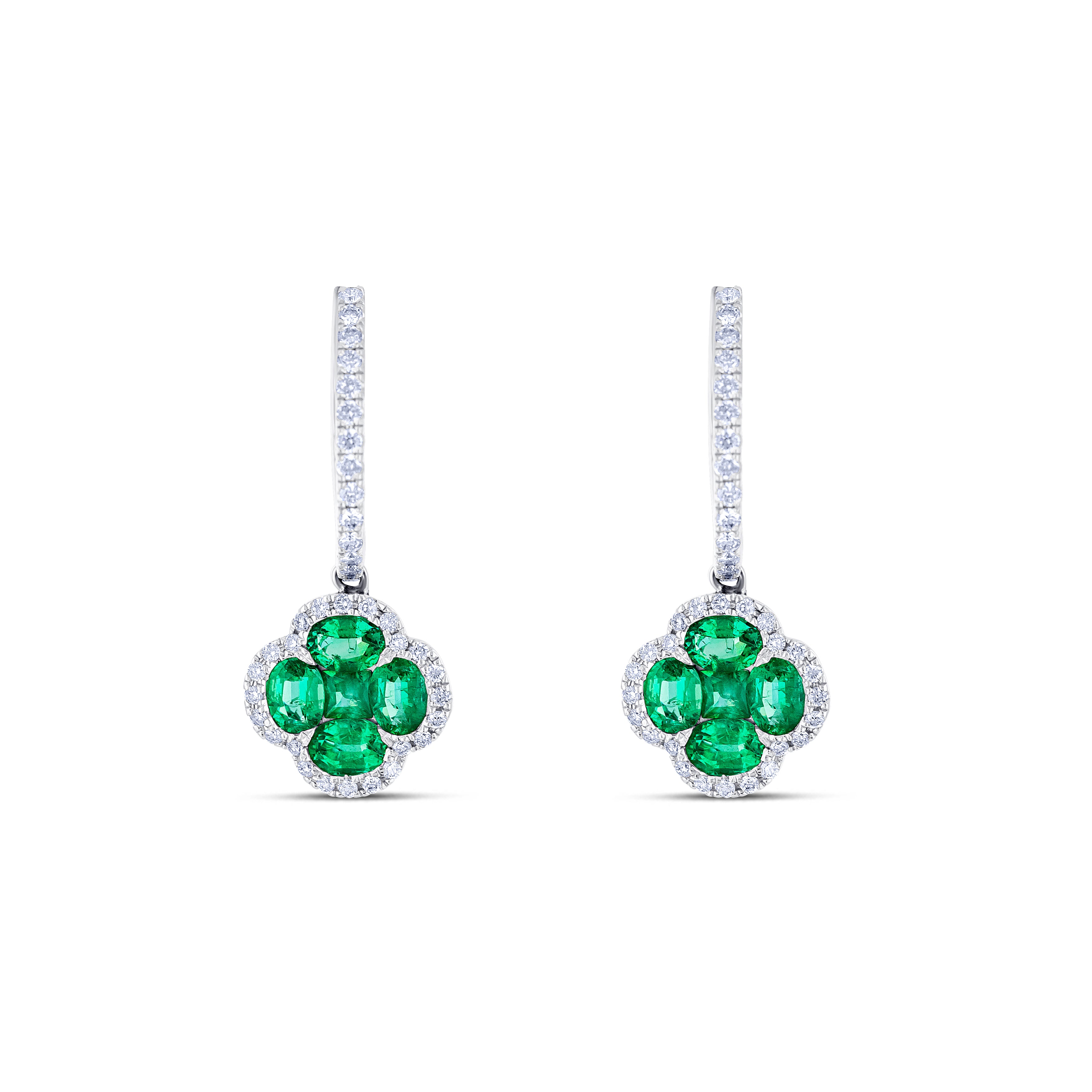 18K White Gold Round Cut Emerald and Round Cut Diamond Drop Earrings