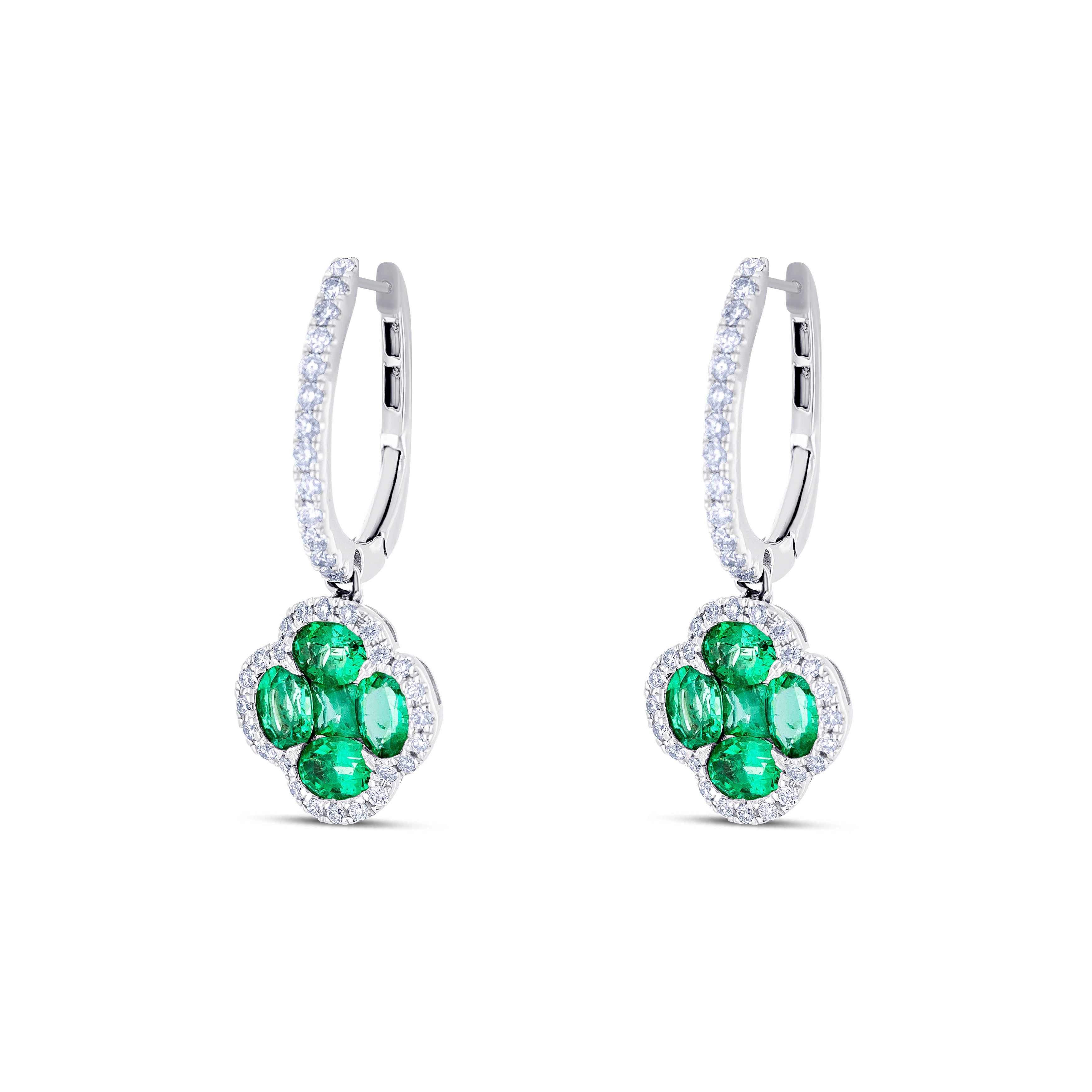 18K White Gold Round Cut Emerald and Round Cut Diamond Drop Earrings