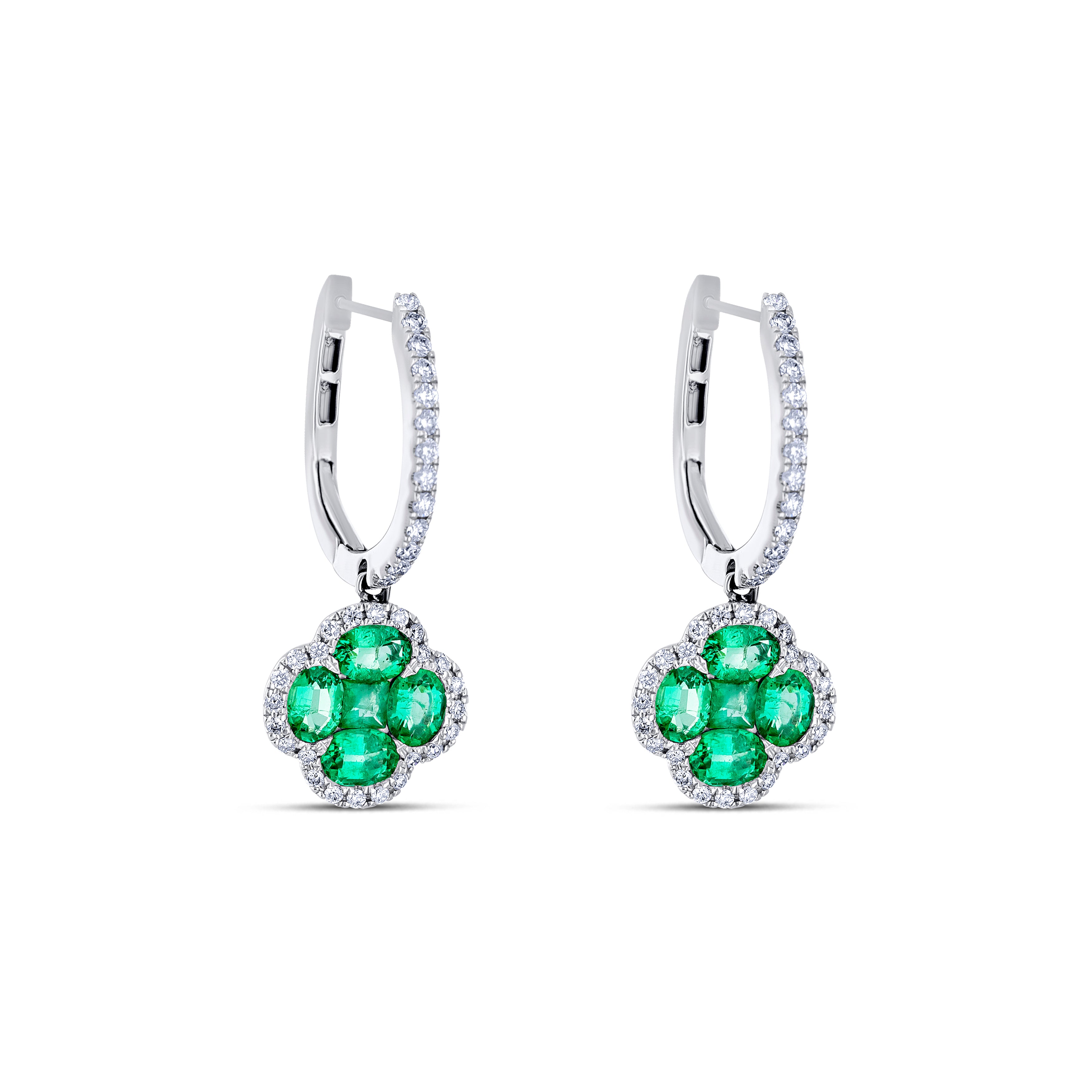 18K White Gold Round Cut Emerald and Round Cut Diamond Drop Earrings