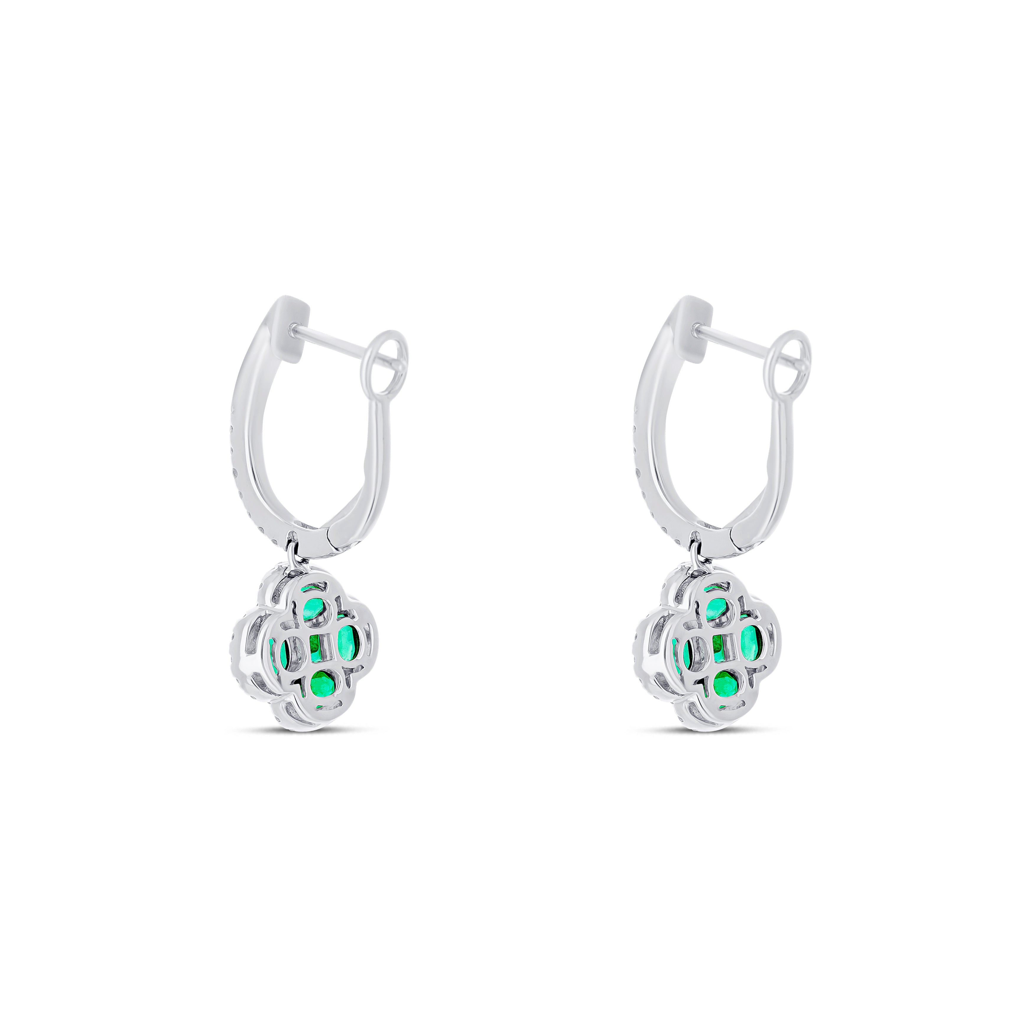 18K White Gold Round Cut Emerald and Round Cut Diamond Drop Earrings