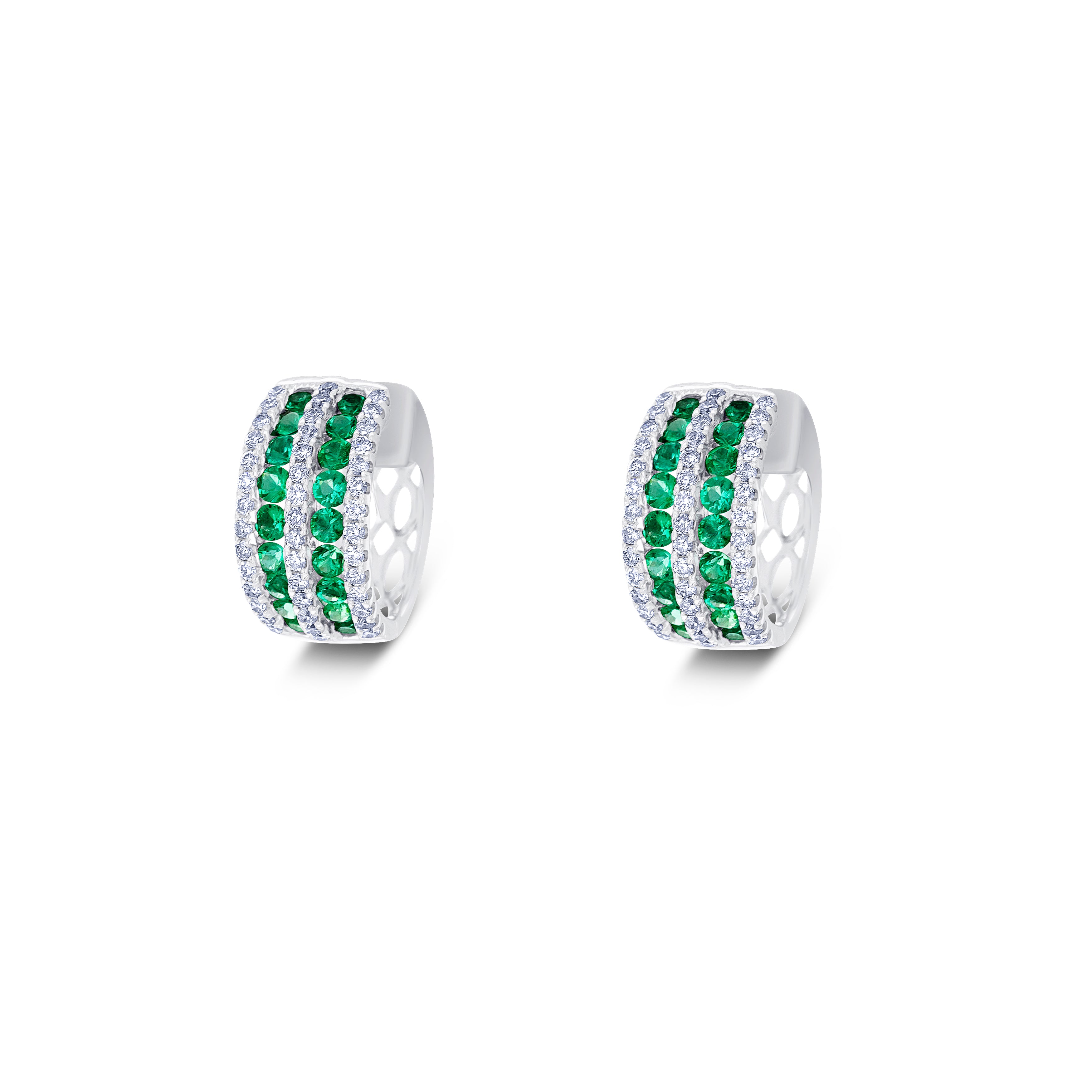 18K White Gold Round Cut Emerald and Round Cut Diamond Huggie Earrings