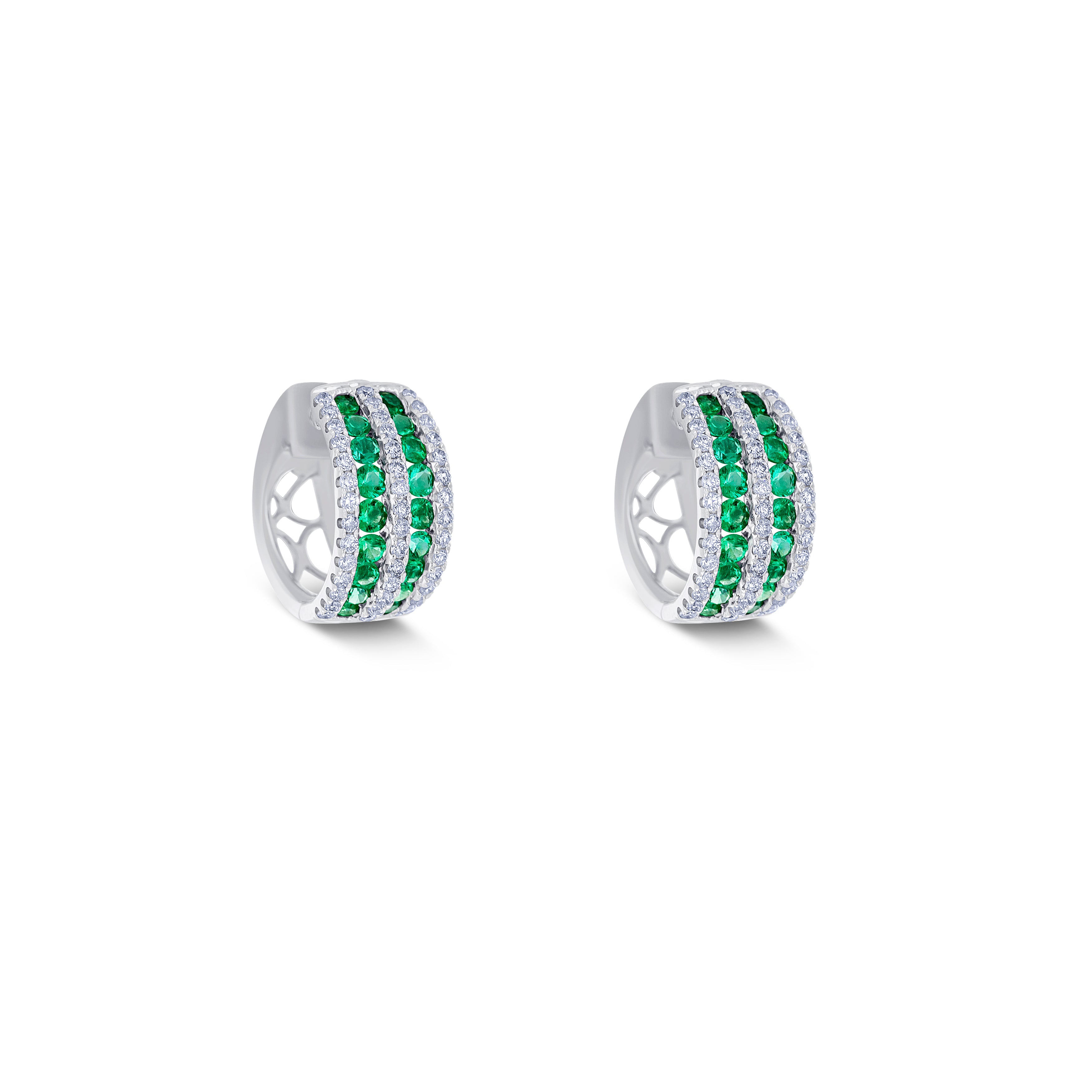 18K White Gold Round Cut Emerald and Round Cut Diamond Huggie Earrings