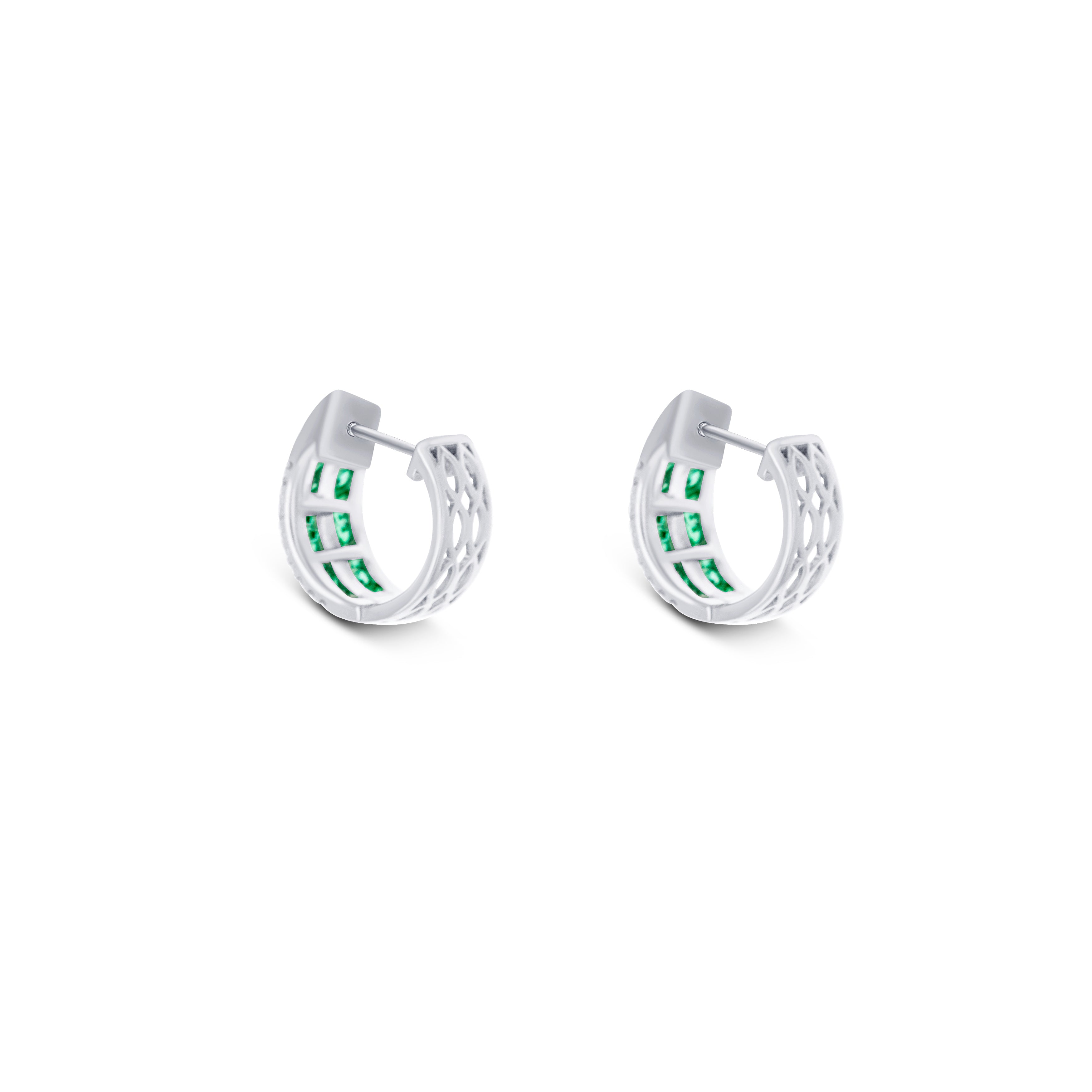 18K White Gold Round Cut Emerald and Round Cut Diamond Huggie Earrings