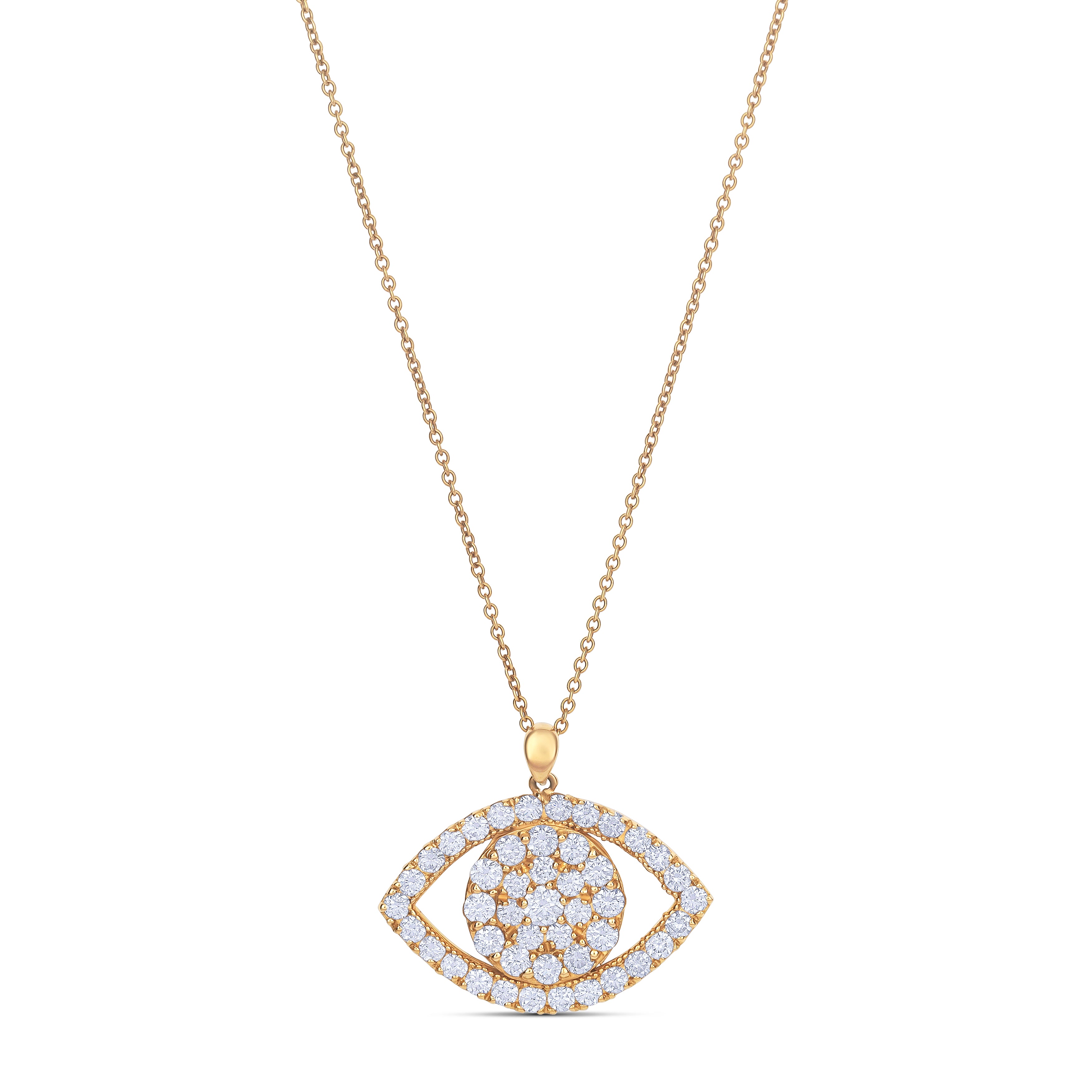 14K Yellow Gold Round Cut Diamonds Evil Eye Pendant Necklace