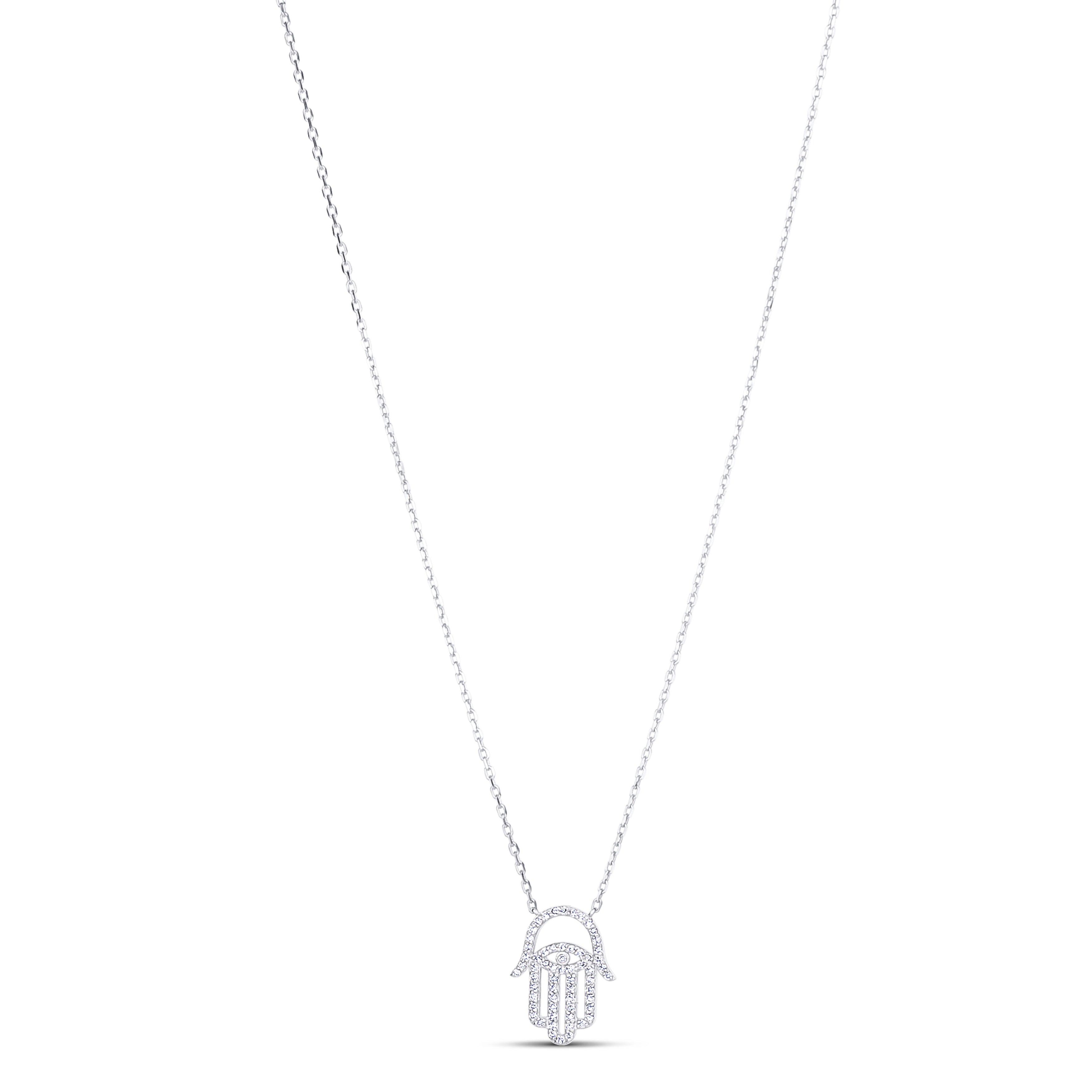 14K White Gold Round Cut Diamonds Hamsa Pendant Necklace