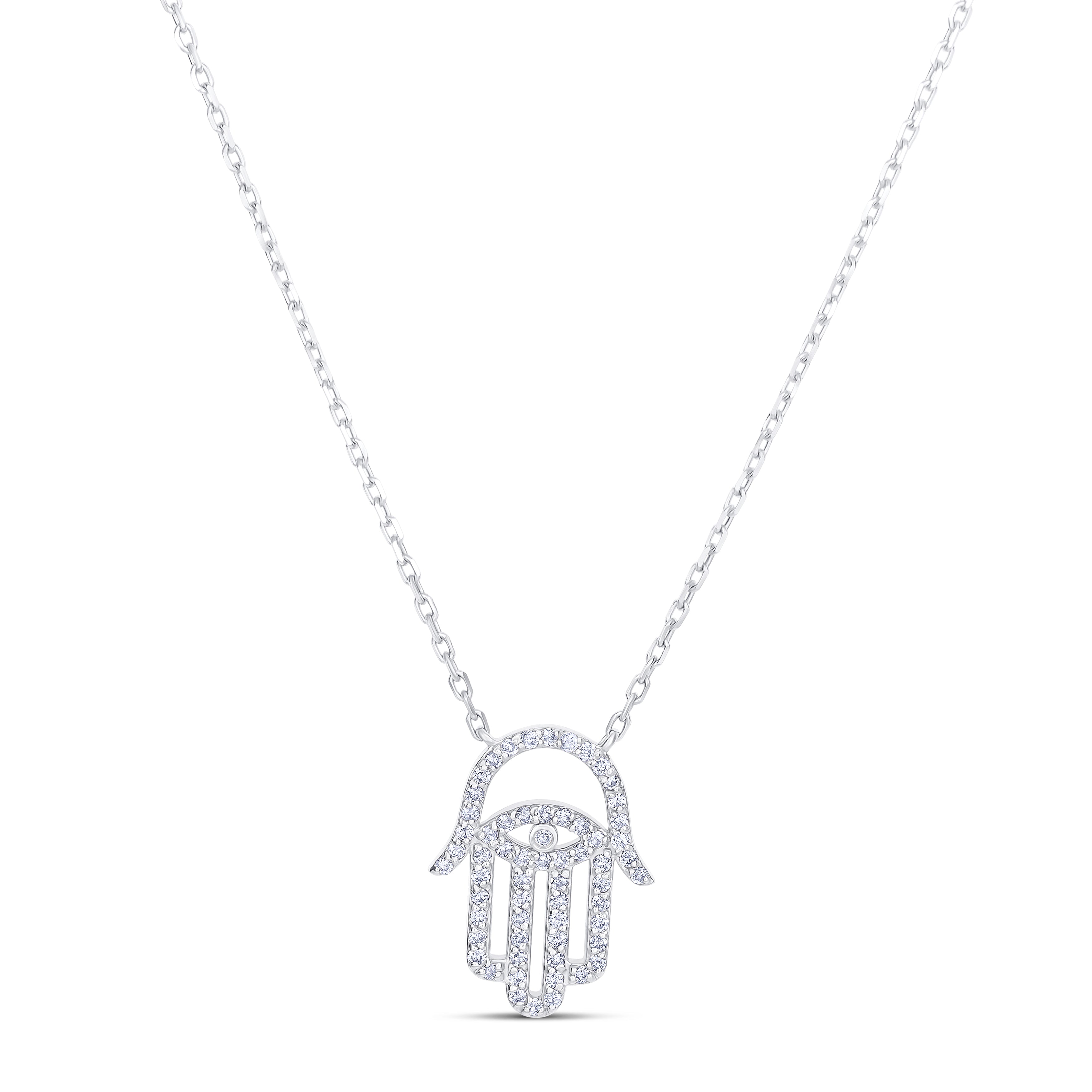 14K White Gold Round Cut Diamonds Hamsa Pendant Necklace