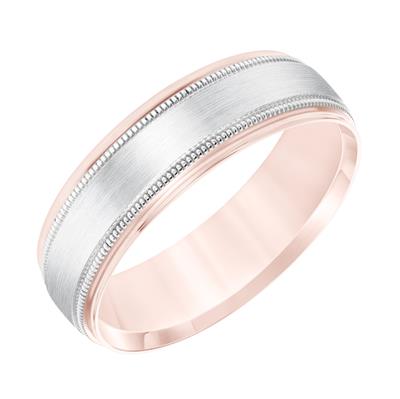 14K White Gold and 14K Rose Gold Milgrain Accent Milgrain Center Brushed Finish Wedding Band 6mm