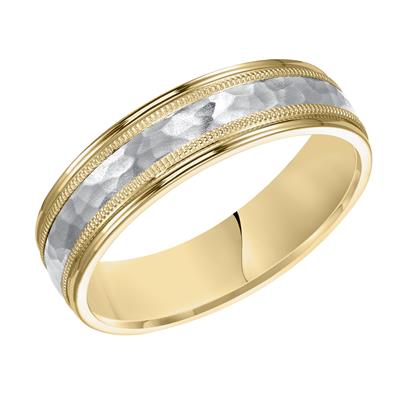 14K White Gold and 14K Yellow Gold Milgrain Hammered Wedding Band