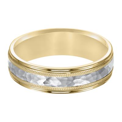 14K White Gold and 14K Yellow Gold Milgrain Hammered Wedding Band