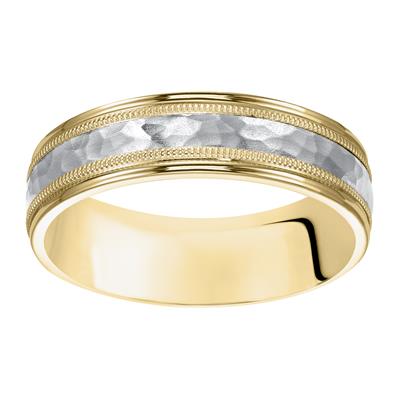 14K White Gold and 14K Yellow Gold Milgrain Hammered Wedding Band