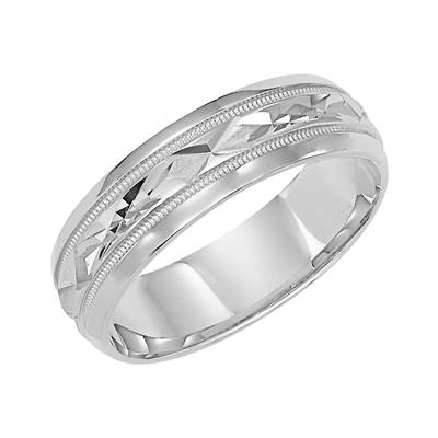 14K White Gold Milgrain Carved Round Edge Wedding Band 6mm