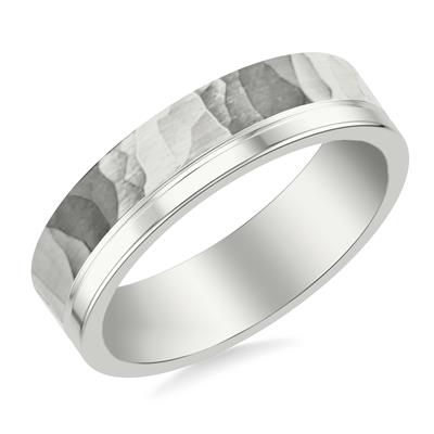 14K White Gold Hammered Wedding Band 6mm